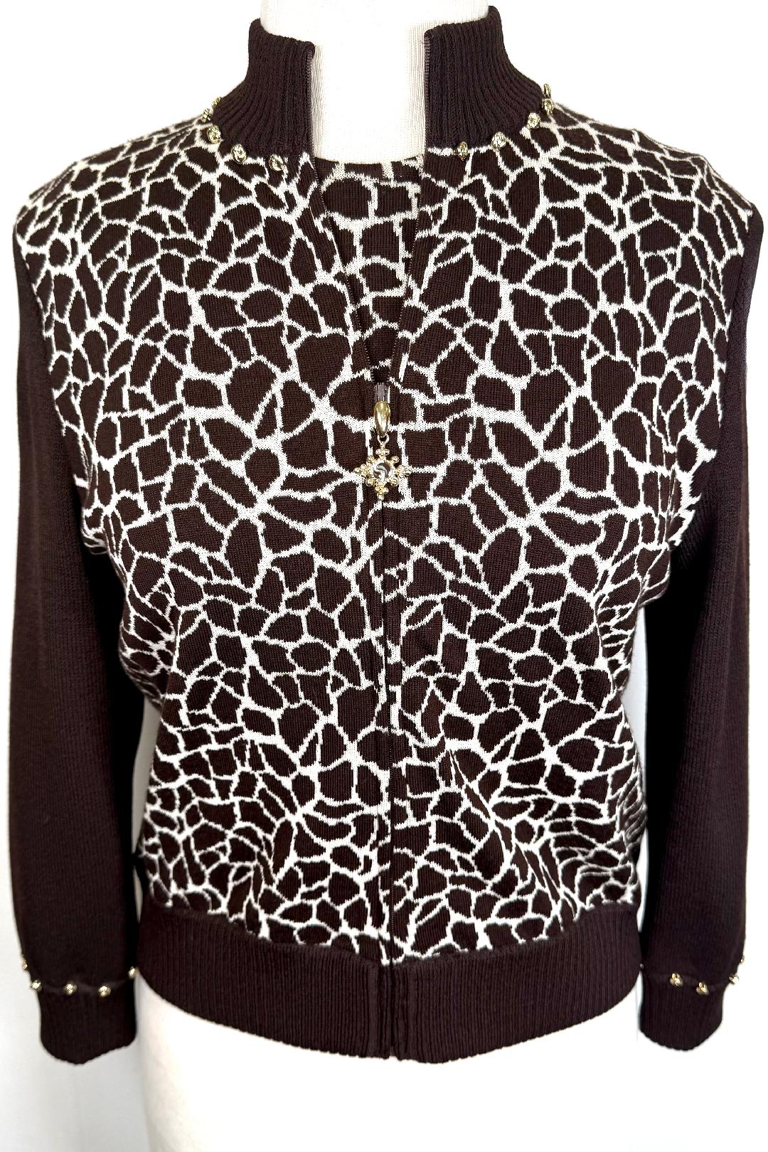 St. John Wool Blend Knit Brown and White Print Jacket & Top Set – Gold Trim & Logo Zipper Detail – Size 2 / P