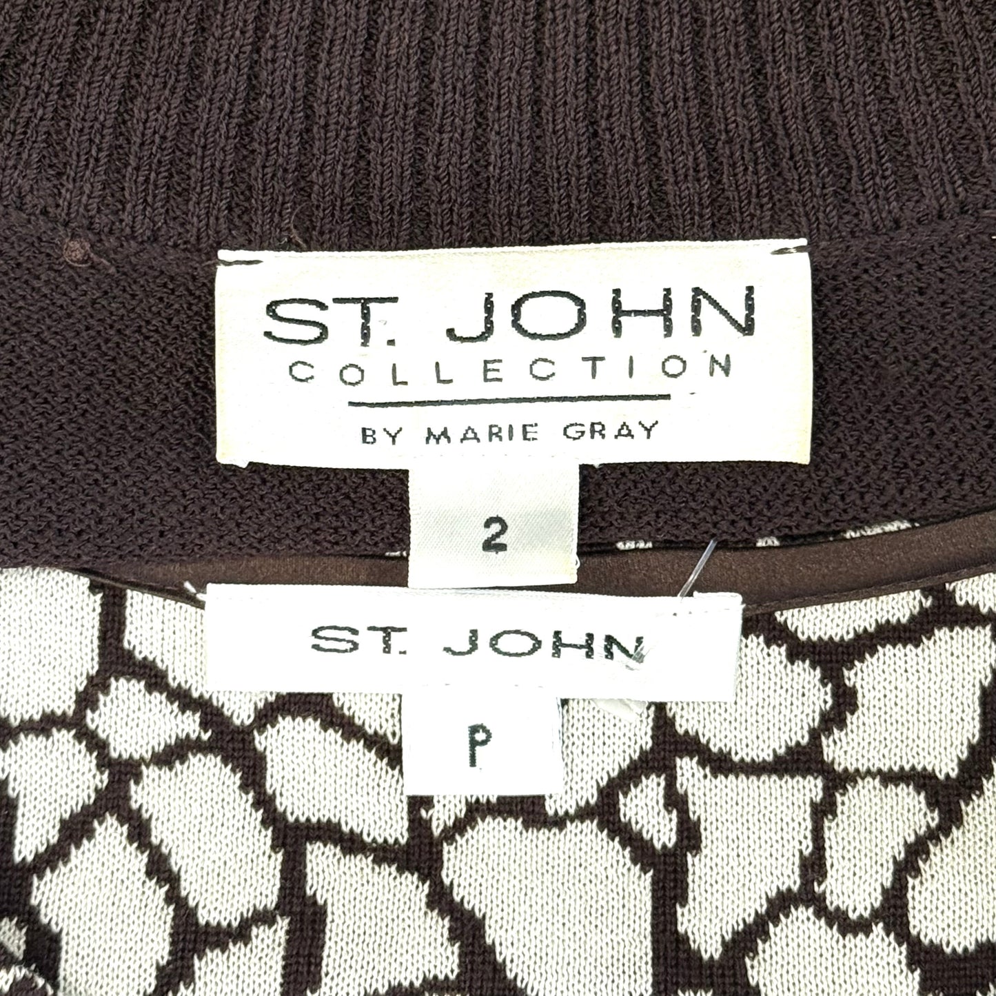 St. John Wool Blend Knit Brown and White Print Jacket & Top Set – Gold Trim & Logo Zipper Detail – Size 2 / P