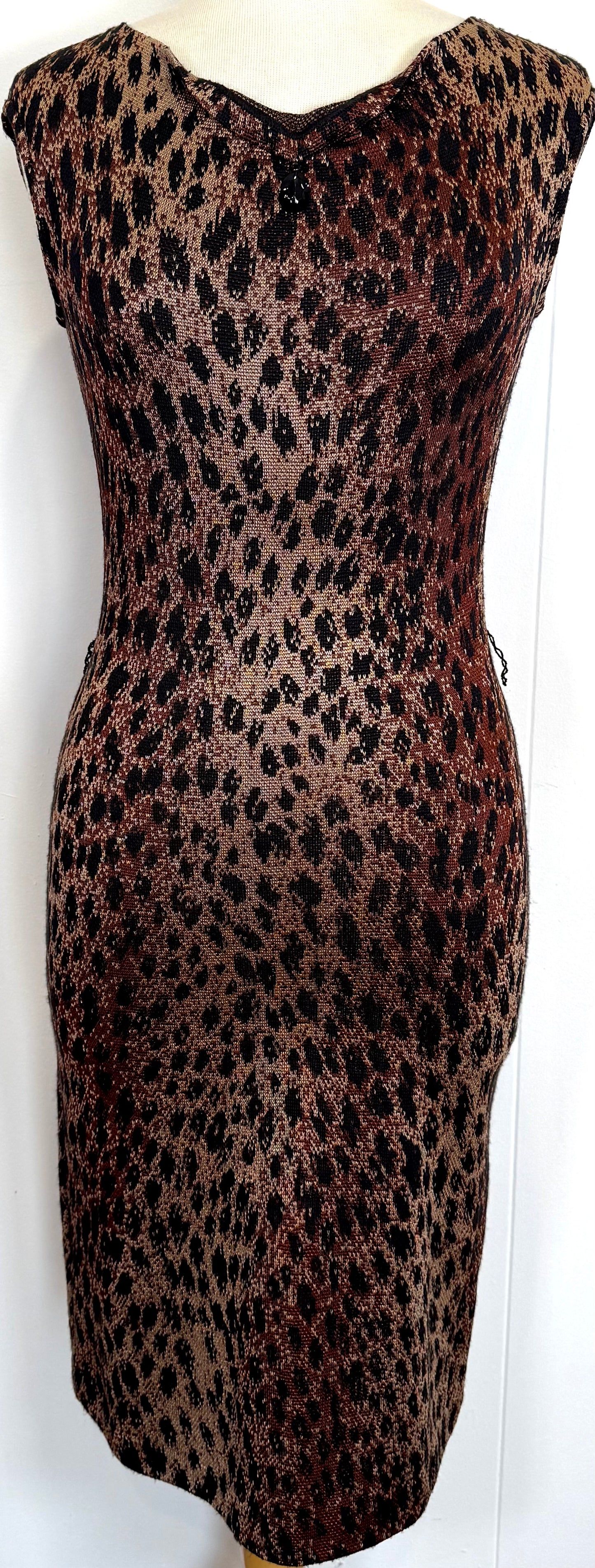 St. John Black & Brown Animal Print Knit 2-Piece Suit – Zip Front Jacket & Dress – Size 2 and 4