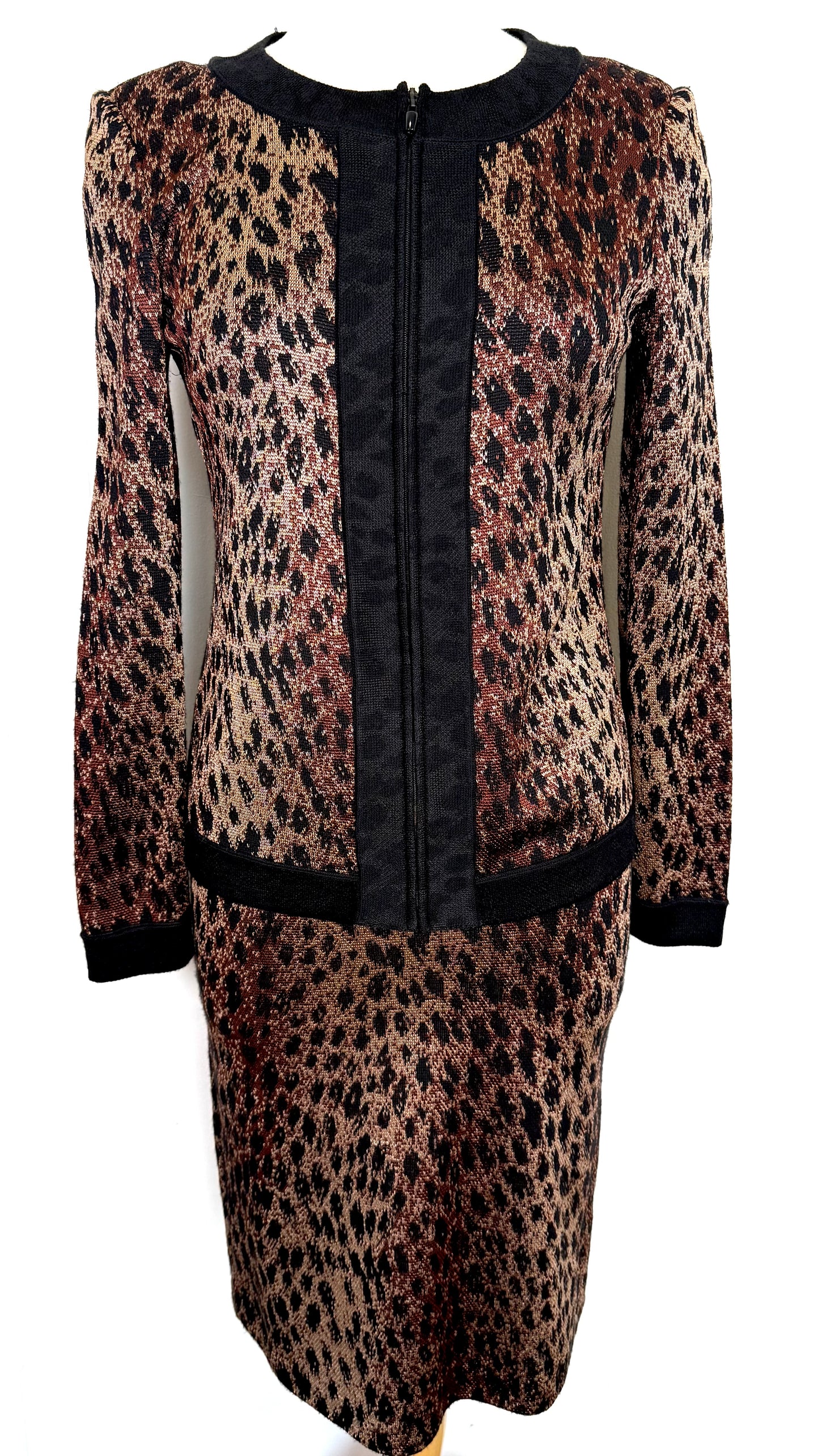 St. John Black & Brown Animal Print Knit 2-Piece Suit – Zip Front Jacket & Dress – Size 2 and 4