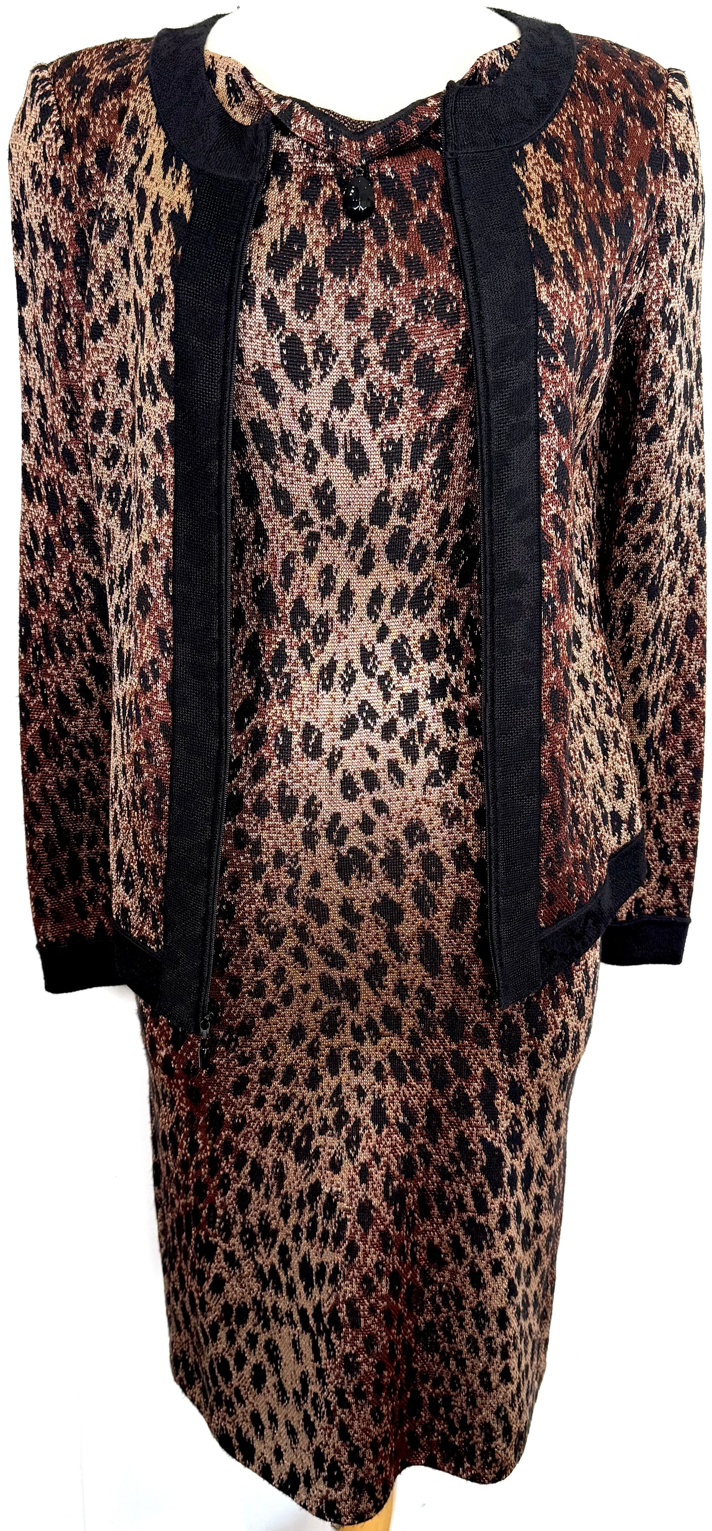 St. John Black & Brown Animal Print Knit 2-Piece Suit – Zip Front Jacket & Dress – Size 2 and 4