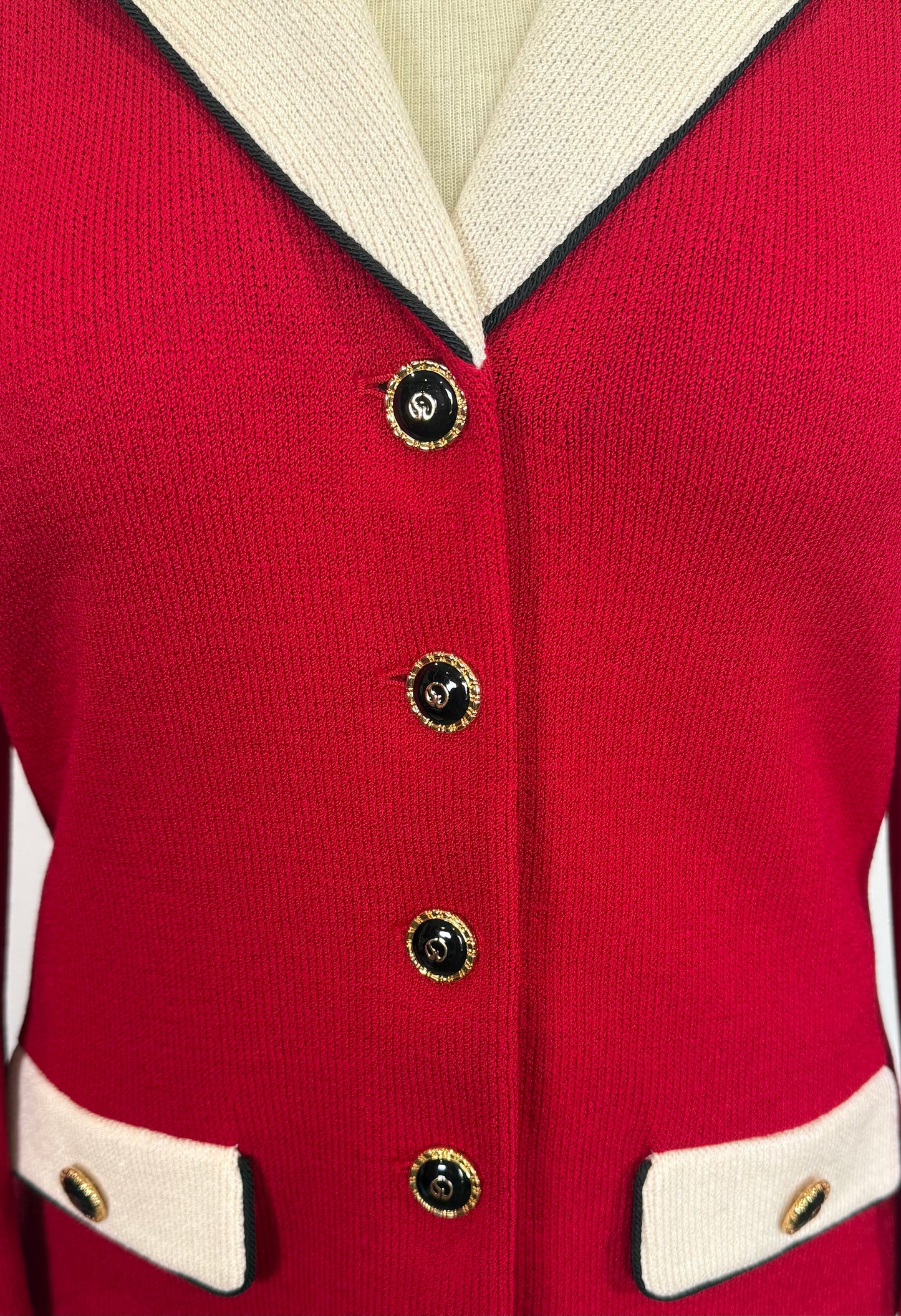 St. John Red Santana Knit Jacket & Skirt Suit – Black & White Trim – Size 8