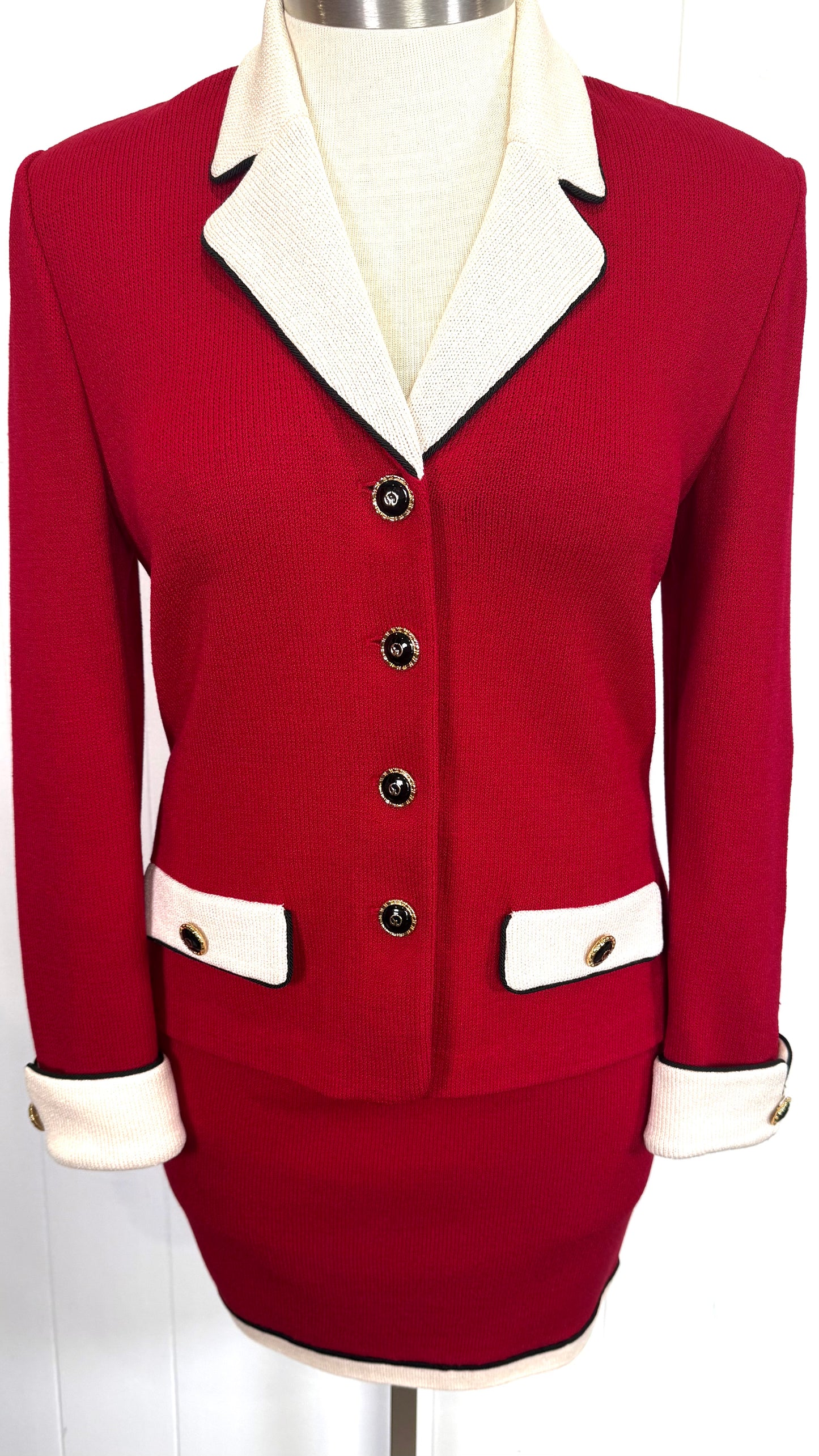 St. John Red Santana Knit Jacket & Skirt Suit – Black & White Trim – Size 8