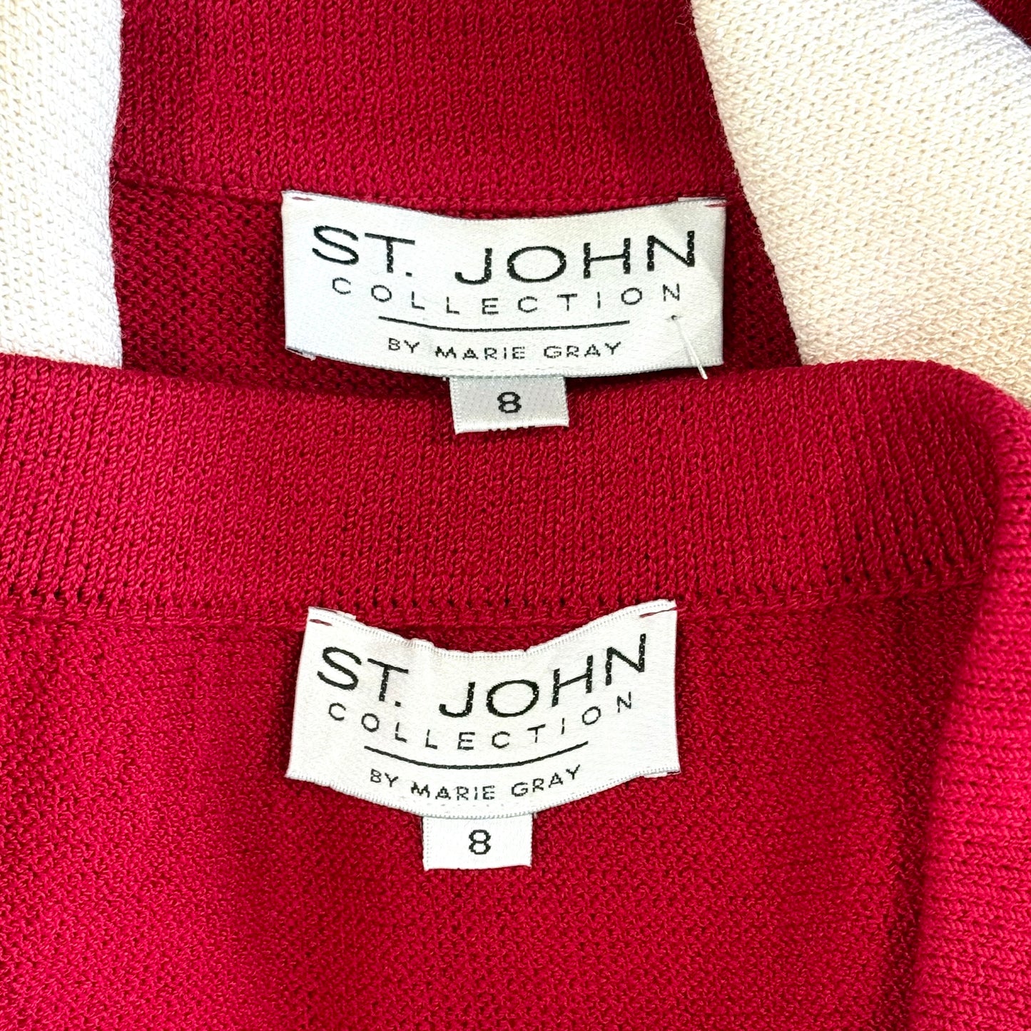 St. John Red Santana Knit Jacket & Skirt Suit – Black & White Trim – Size 8