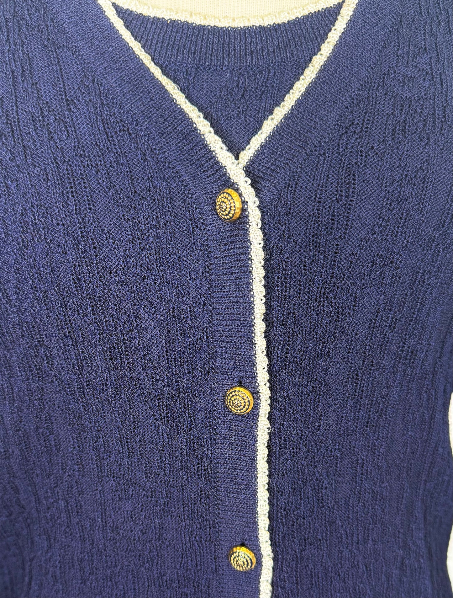 St. John Navy Textured Santana Knit Jacket & Dress Outfit – White Trim – Size 4/6