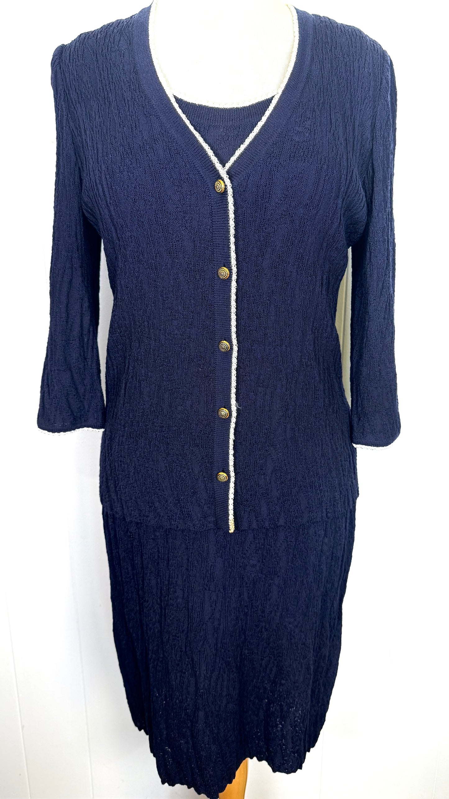 St. John Navy Textured Santana Knit Jacket & Dress Outfit – White Trim – Size 4/6