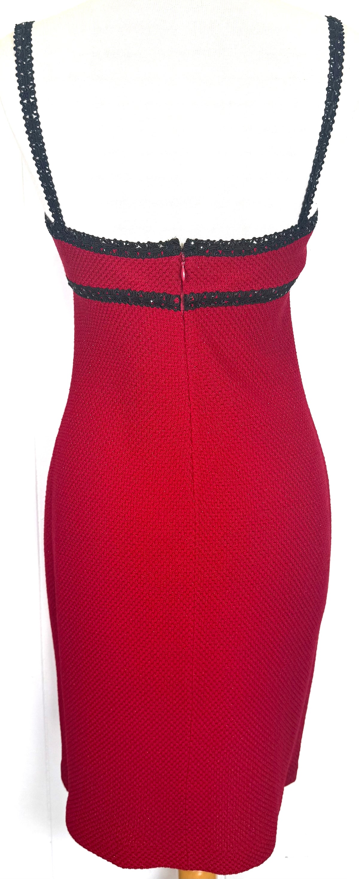 St. John Red Textured Knit Two-Piece Suit – Black Paillette Trim – Bolero Style – Size 4/6