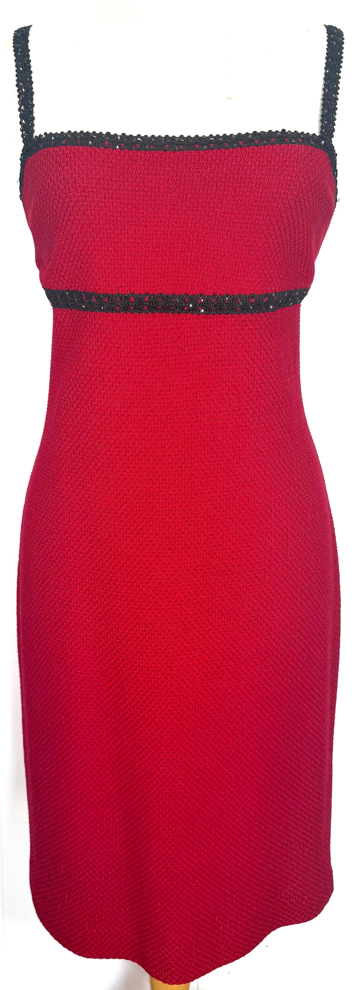 St. John Red Textured Knit Two-Piece Suit – Black Paillette Trim – Bolero Style – Size 4/6