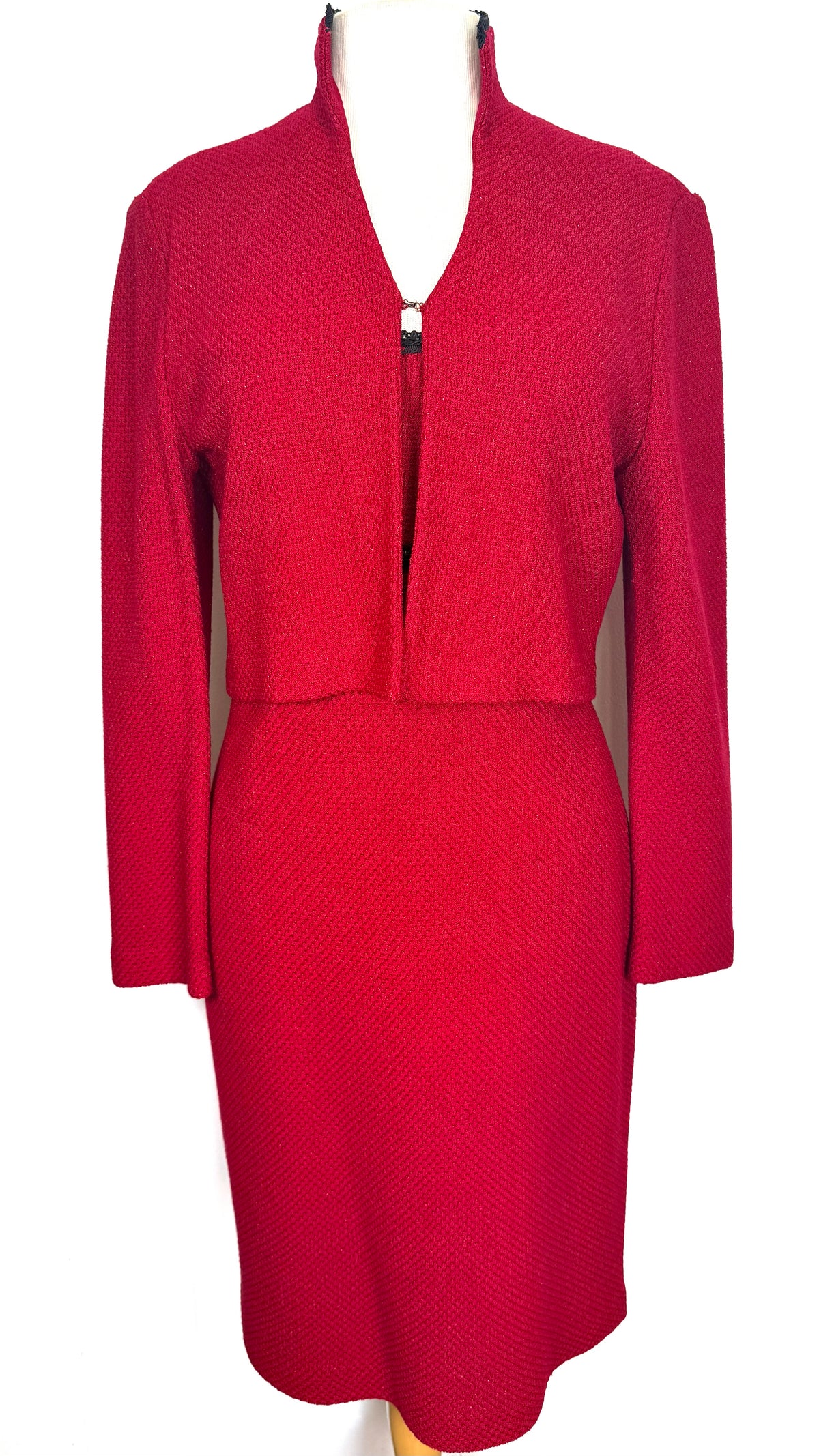 St. John Red Textured Knit Two-Piece Suit – Black Paillette Trim – Bolero Style – Size 4/6