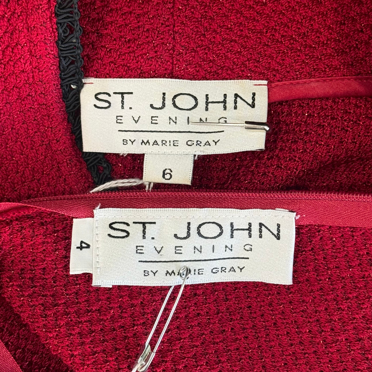St. John Red Textured Knit Two-Piece Suit – Black Paillette Trim – Bolero Style – Size 4/6