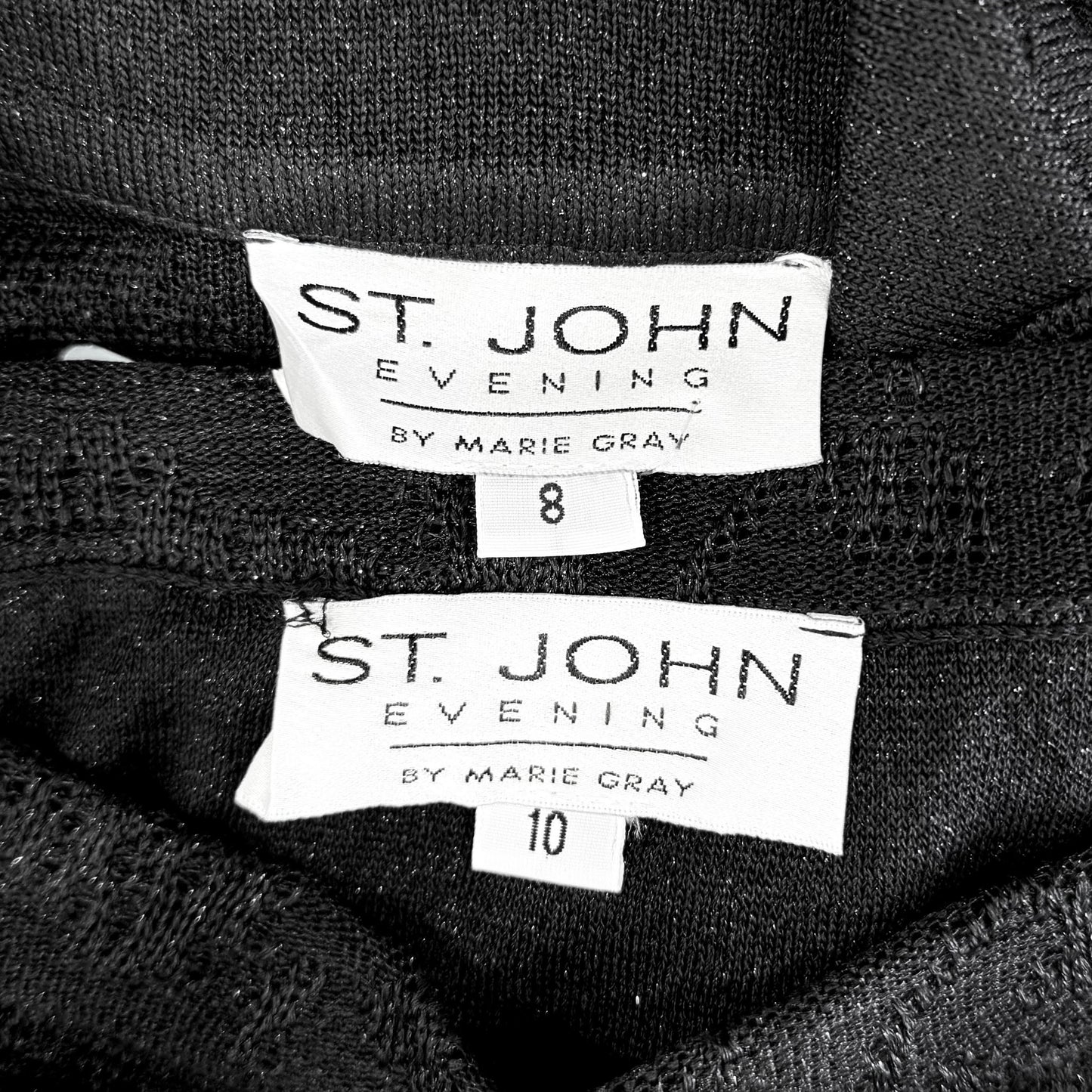 St. John Evening Black Shimmer Knit Skirt Suit - Floral Pattern and Crystal Buttons - Size 8/10
