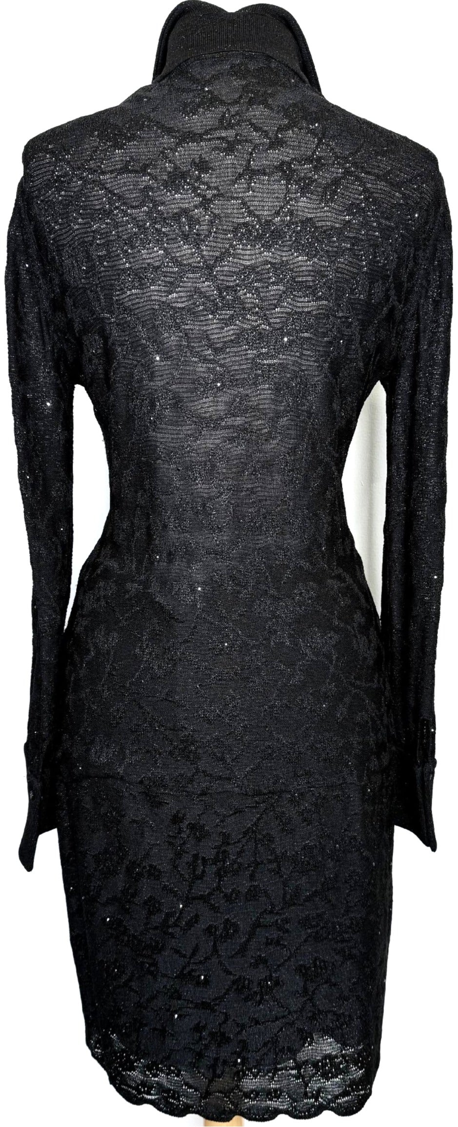 St. John Evening Black Shimmer Knit Skirt Suit - Floral Pattern and Crystal Buttons - Size 8/10