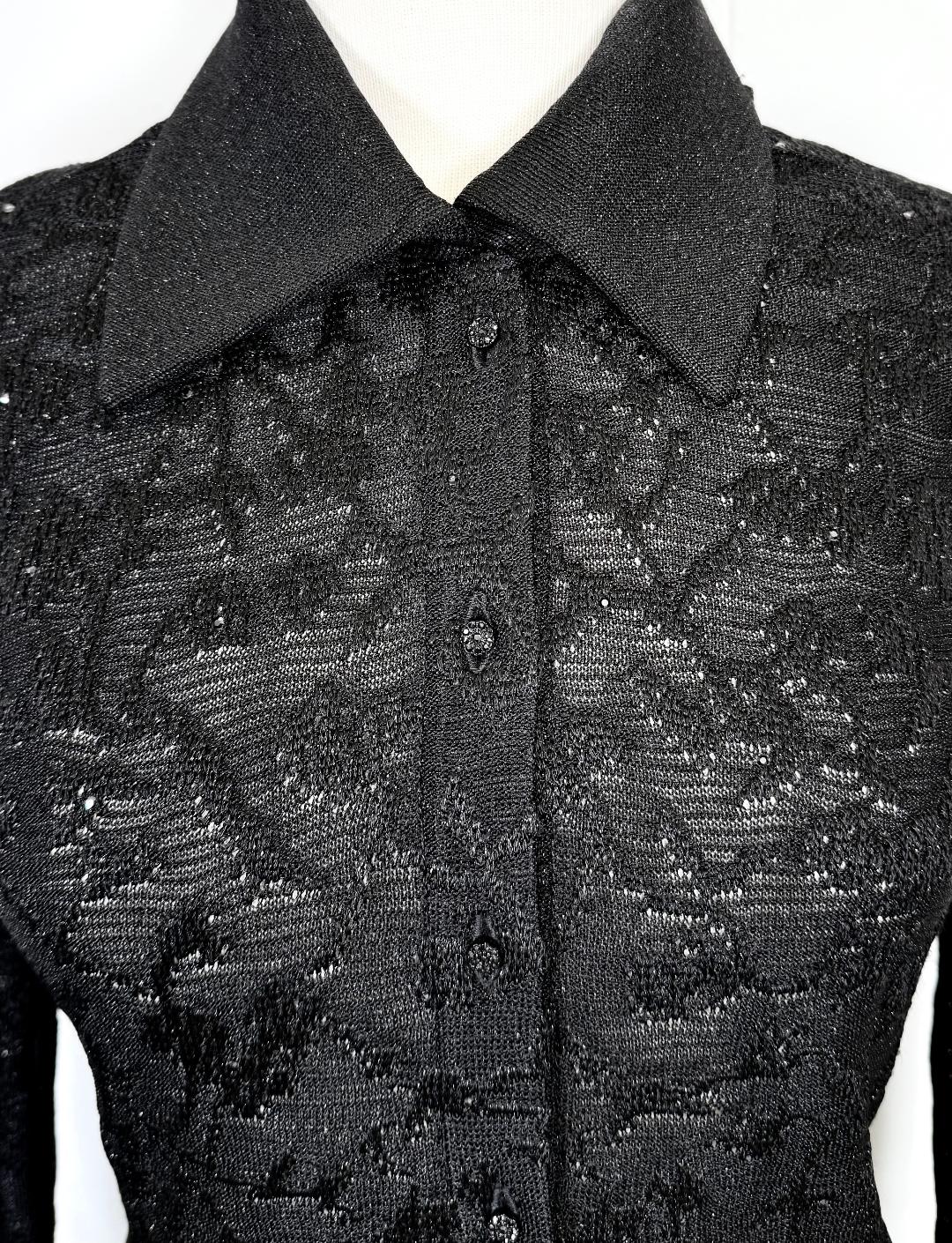 St. John Evening Black Shimmer Knit Skirt Suit - Floral Pattern and Crystal Buttons - Size 8/10