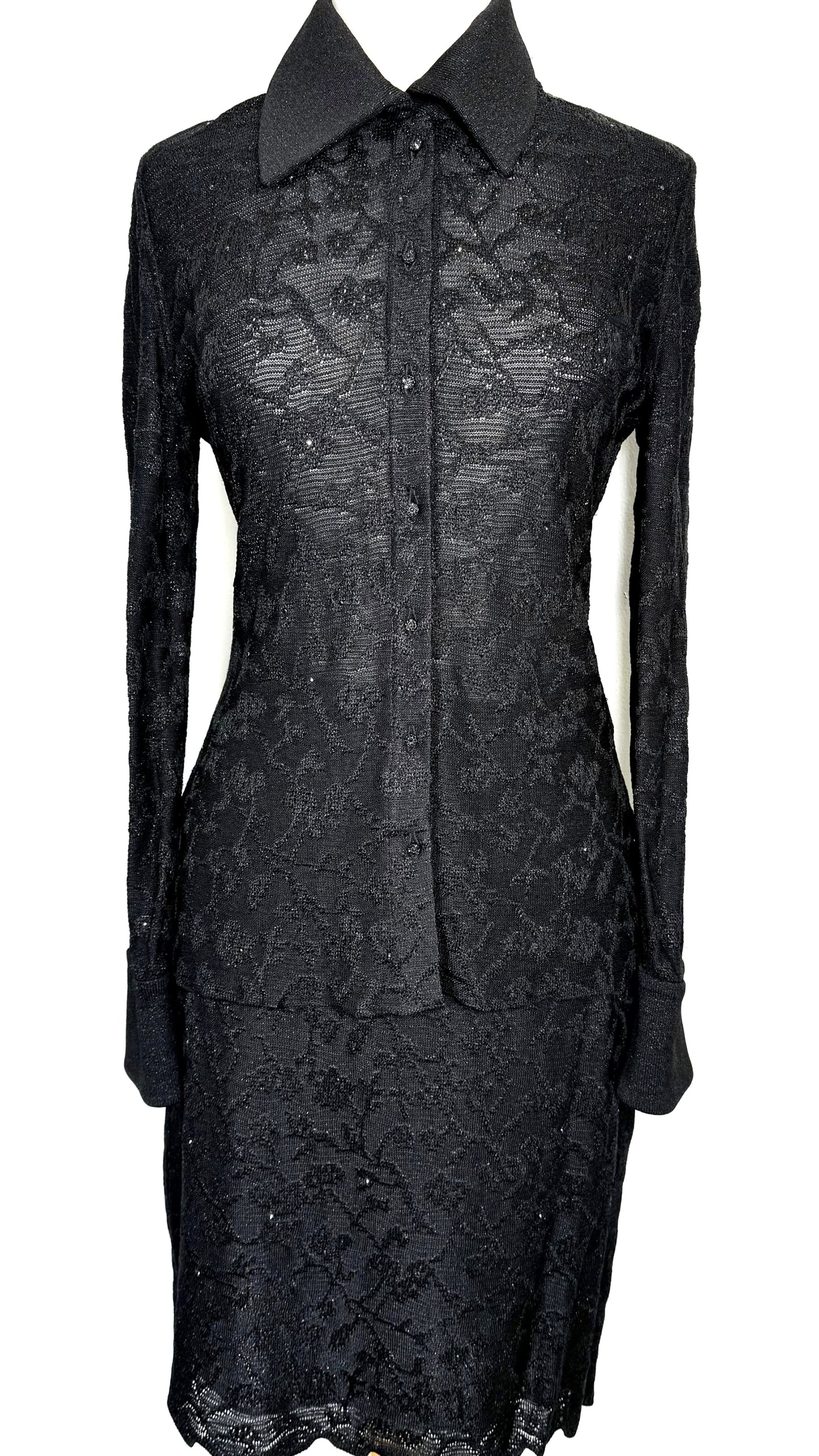 St. John Evening Black Shimmer Knit Skirt Suit - Floral Pattern and Crystal Buttons - Size 8/10