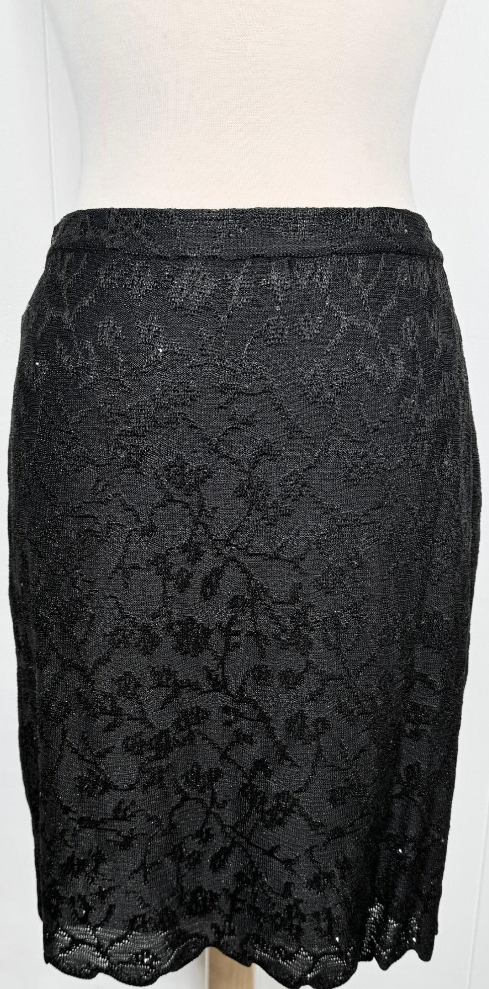 St. John Evening Black Shimmer Knit Skirt Suit - Floral Pattern and Crystal Buttons - Size 8/10