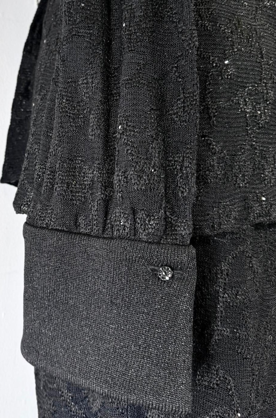 St. John Evening Black Shimmer Knit Skirt Suit - Floral Pattern and Crystal Buttons - Size 8/10