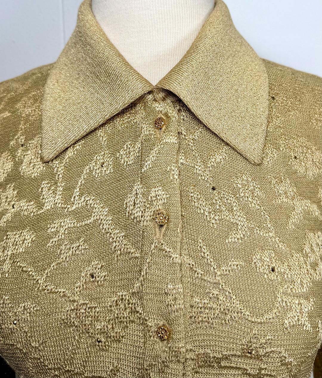 St. John Evening Gold Metallic Knit Evening Skirt Suit - Floral Pattern and Crystal Buttons - Size 4