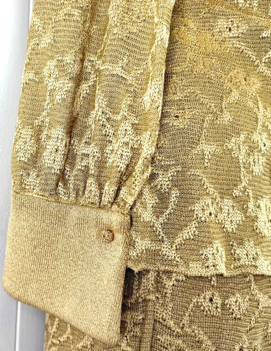 St. John Evening Gold Metallic Knit Evening Skirt Suit - Floral Pattern and Crystal Buttons - Size 4