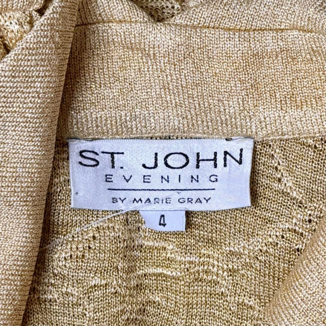St. John Evening Gold Metallic Knit Evening Skirt Suit - Floral Pattern and Crystal Buttons - Size 4