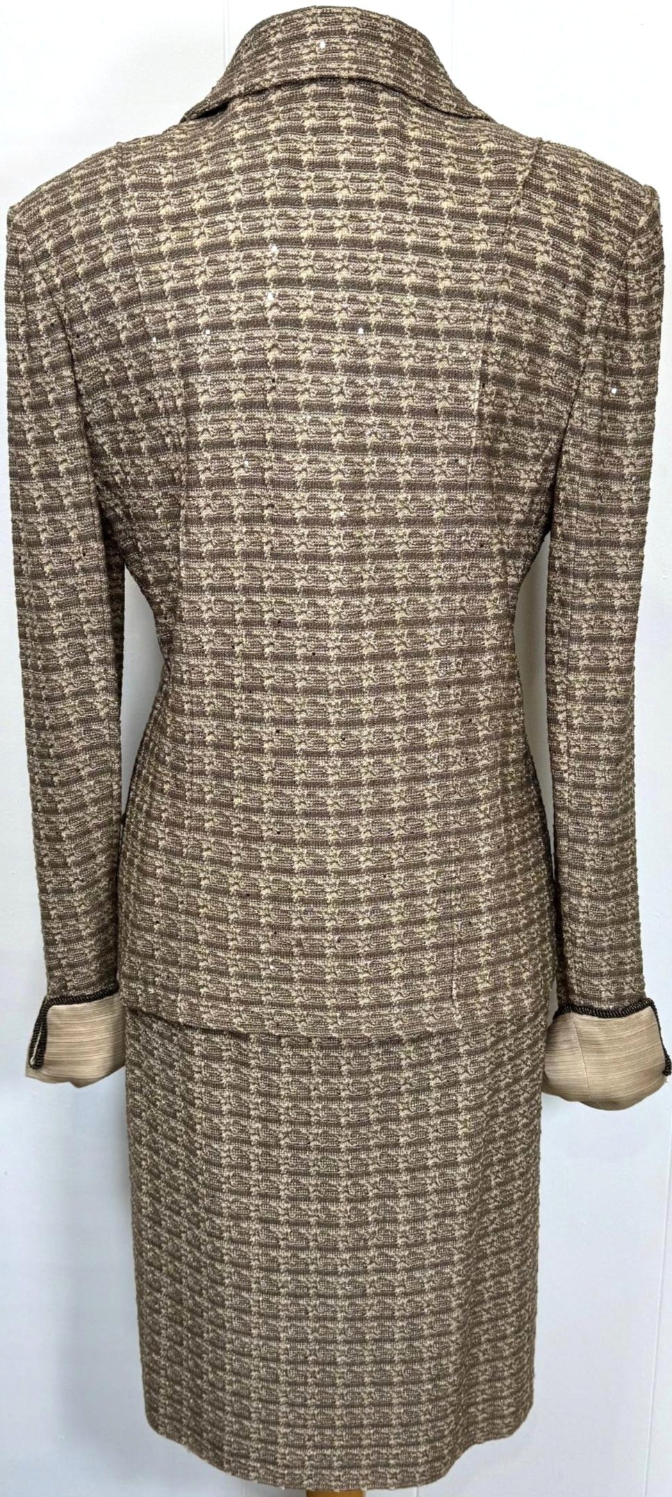 St. John Evening Taupe Textured Knit Evening Skirt Suit with Sparkling Paillettes - Size 10