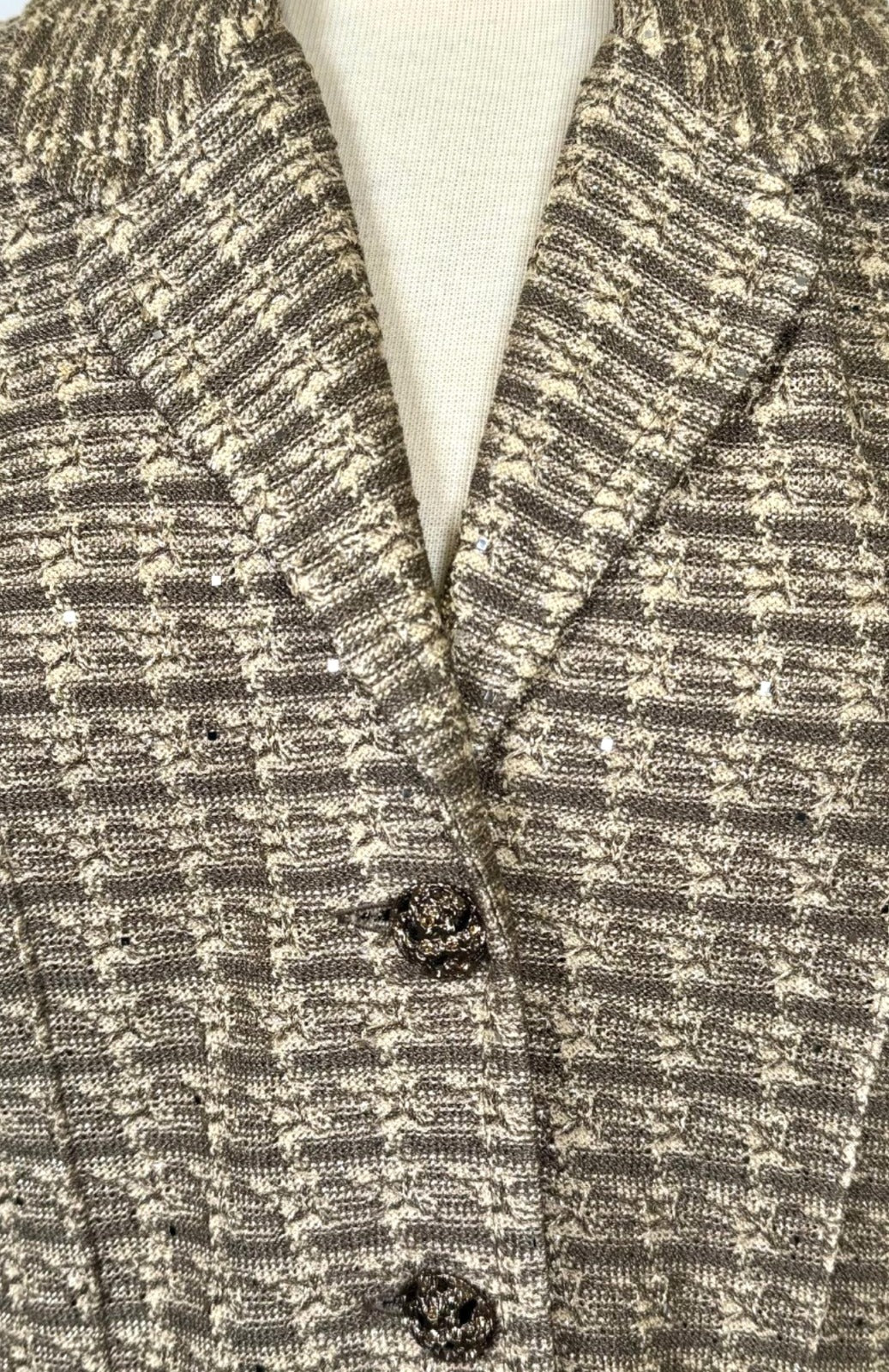 St. John Evening Taupe Textured Knit Evening Skirt Suit with Sparkling Paillettes - Size 10