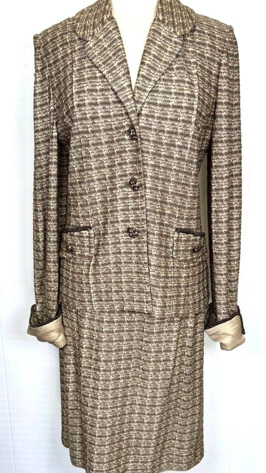 St. John Evening Taupe Textured Knit Evening Skirt Suit with Sparkling Paillettes - Size 10