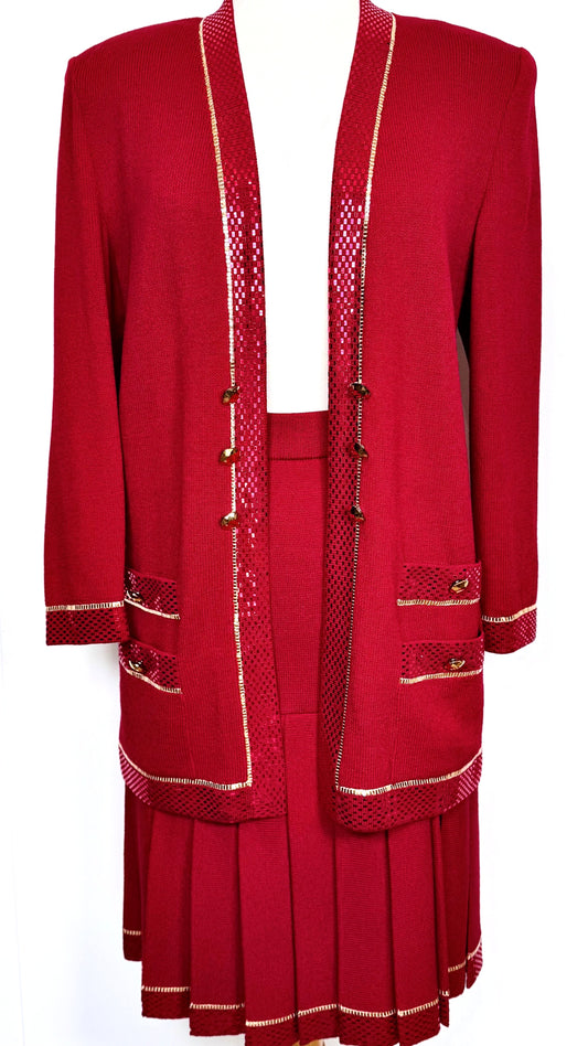 St. John Evening Red Santana Knit Skirt Suit - Gold & Red Paillettes - Size 10