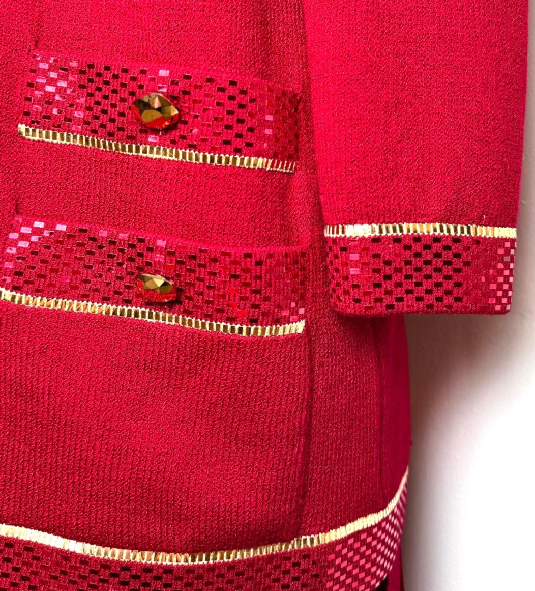 St. John Evening Red Santana Knit Skirt Suit - Gold & Red Paillettes - Size 10