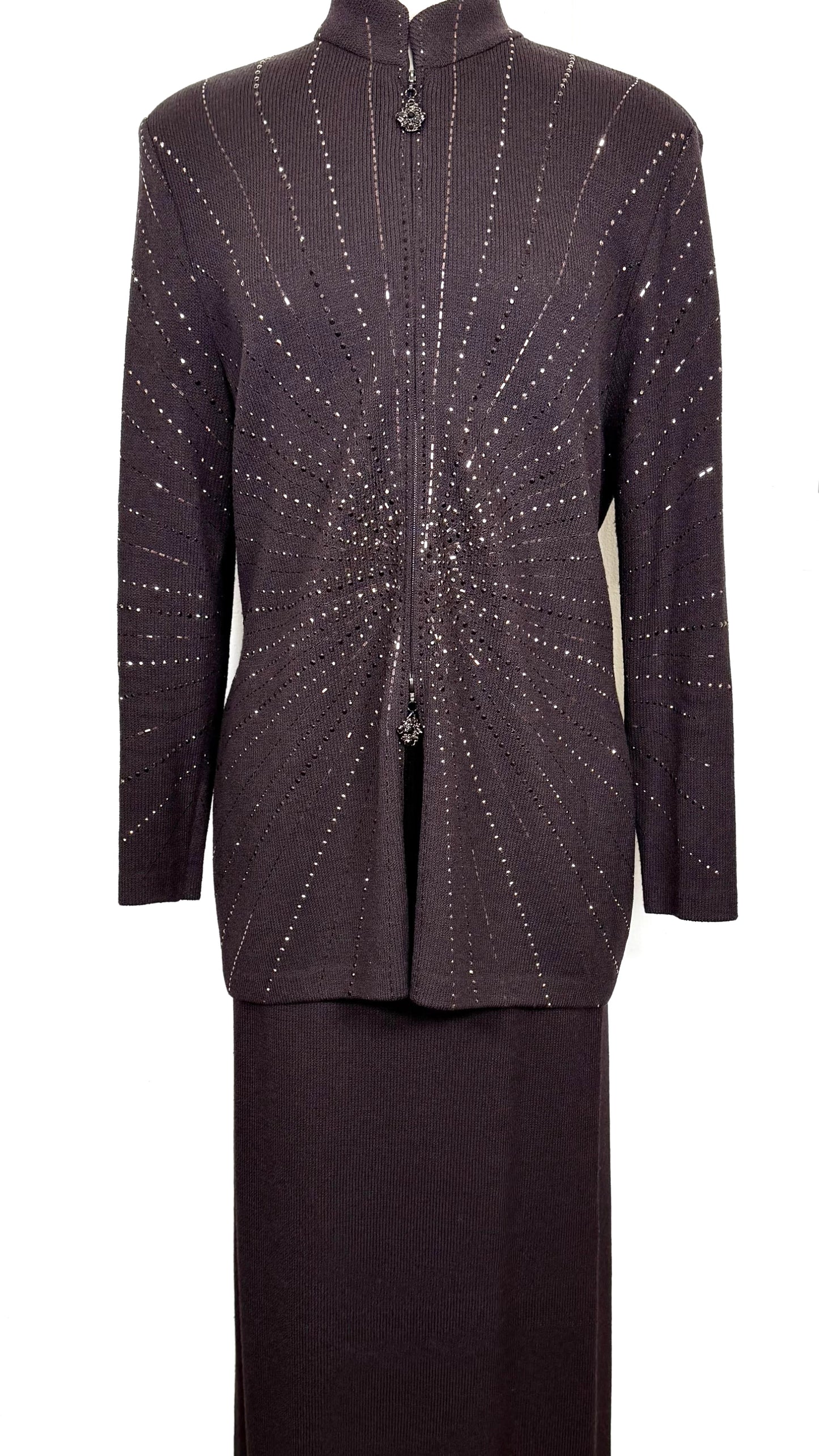 St. John Evening Suit – Brown Starburst Paillette Jacket & Long Skirt Set - Size 12