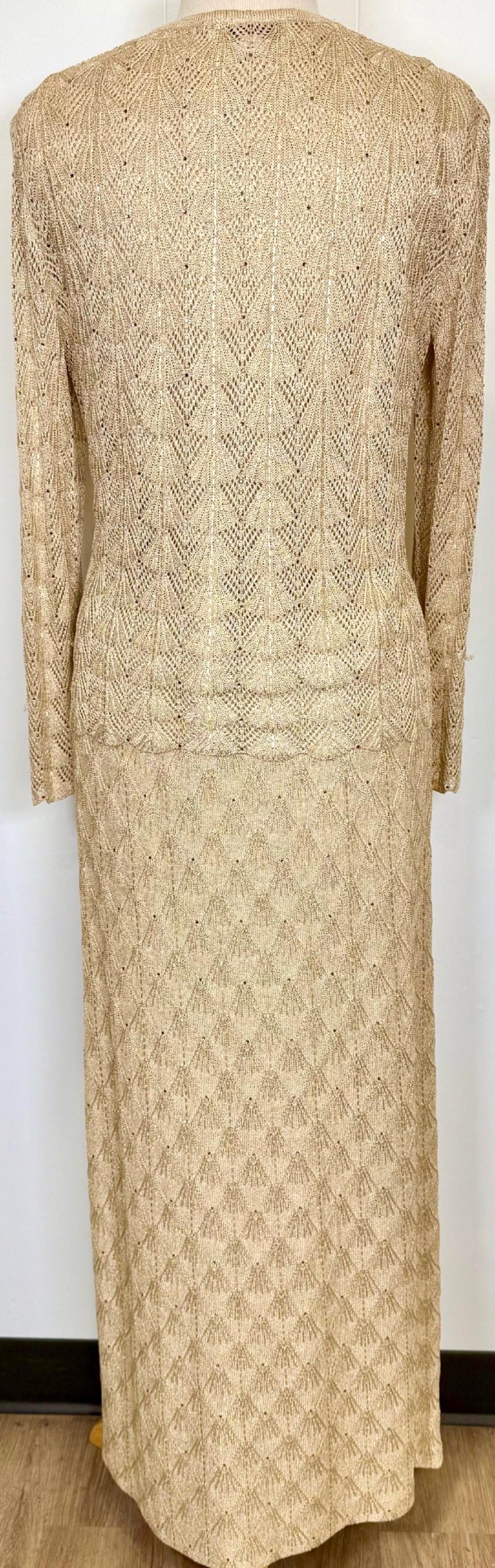 St. John Evening Light Gold Metallic 3-Piece Jacket, Shell, and Skirt Set with Scalloped Edges & Brooch Closure - Size 6