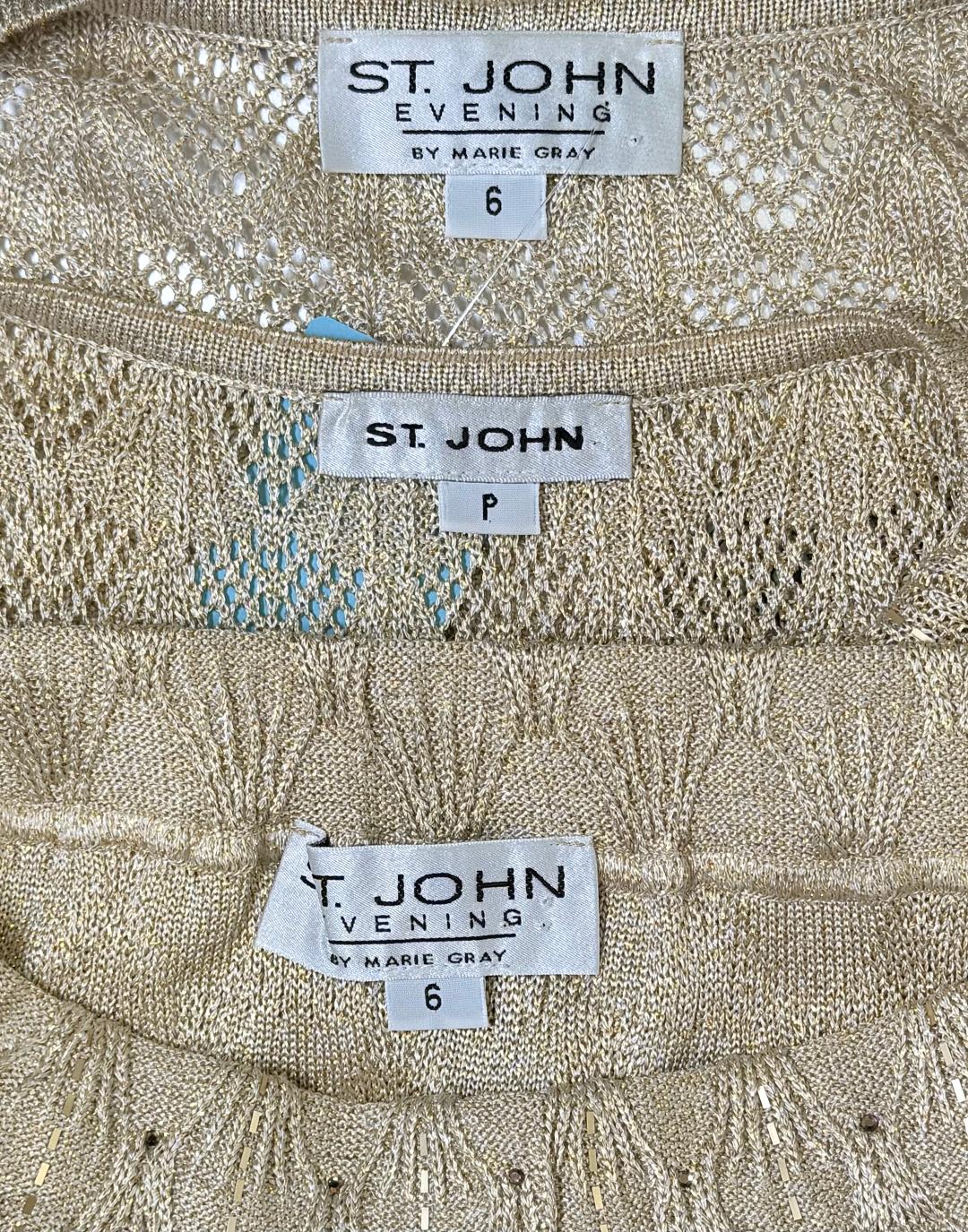 St. John Evening Light Gold Metallic 3-Piece Jacket, Shell, and Skirt Set with Scalloped Edges & Brooch Closure - Size 6