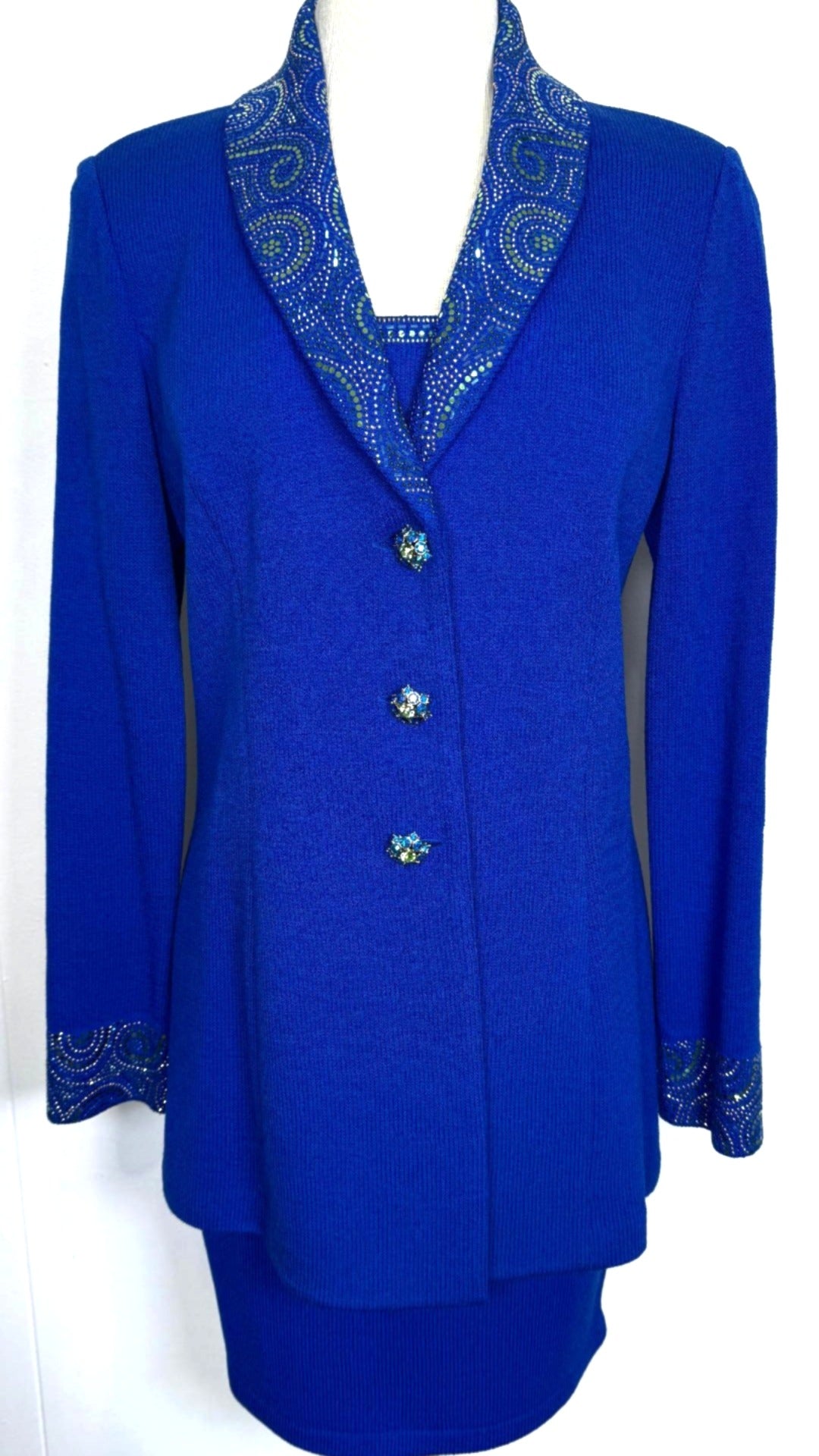 St. John Santana Knit Evening Suit – Royal Blue Embellished Jacket & Skirt Set - Size 6