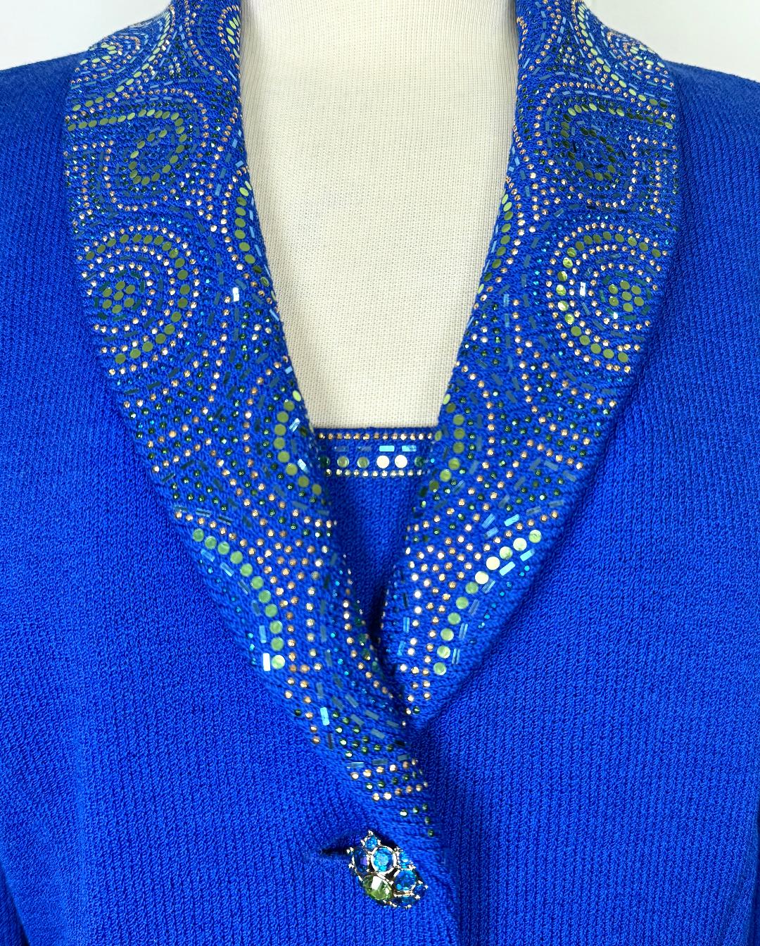 St. John Santana Knit Evening Suit – Royal Blue Embellished Jacket & Skirt Set - Size 6