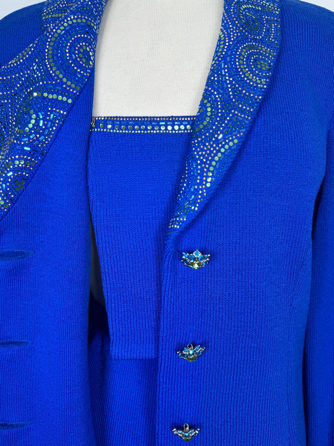 St. John Santana Knit Evening Suit – Royal Blue Embellished Jacket & Skirt Set - Size 6