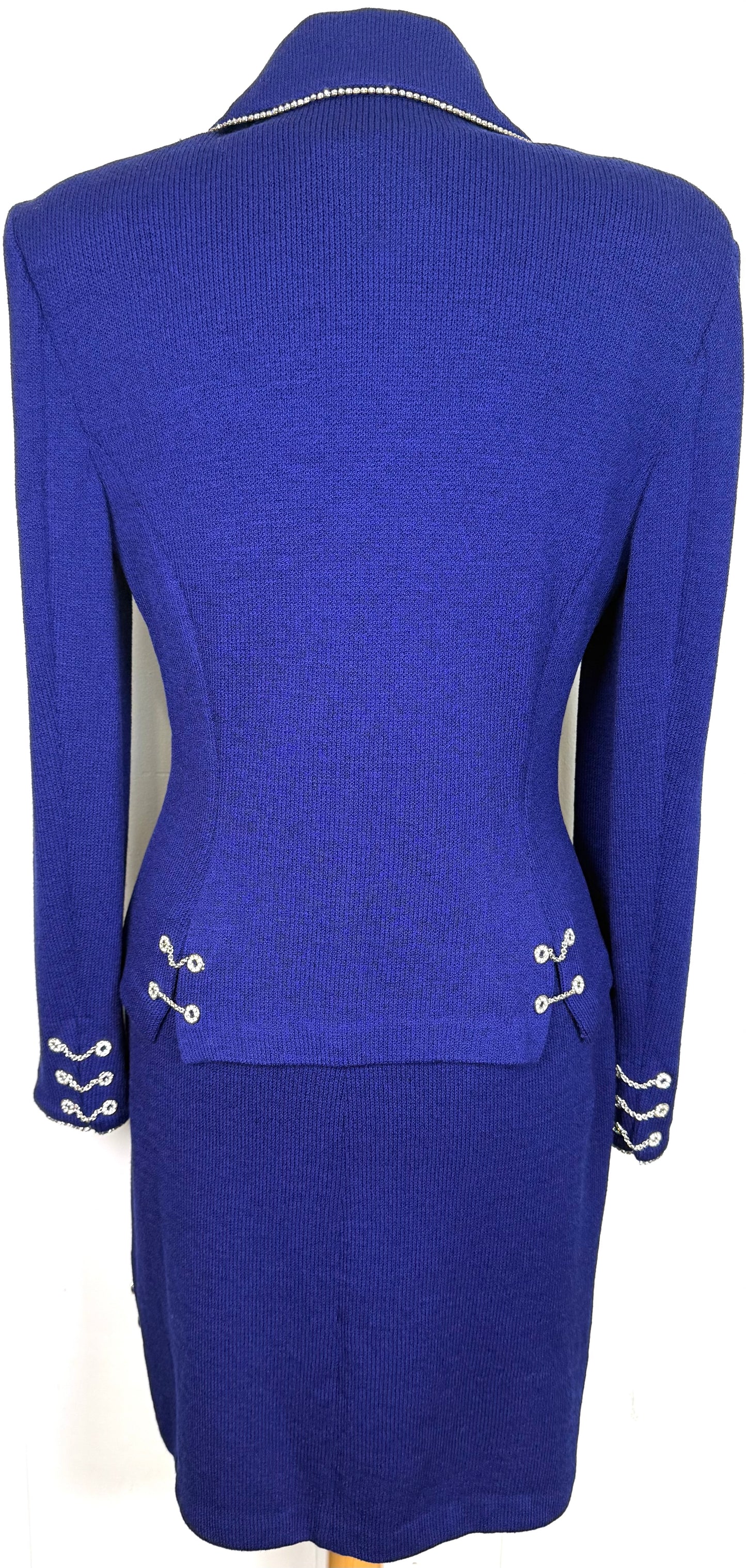 St. John Blue Santana Knit Jacket & Dress Suit – Crystal Paillettes & Chain Detail – Size 6