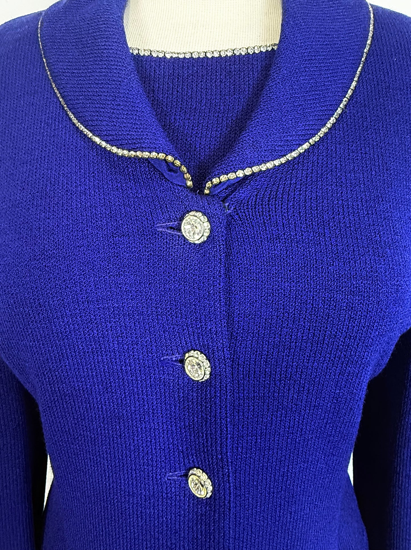 St. John Blue Santana Knit Jacket & Dress Suit – Crystal Paillettes & Chain Detail – Size 6