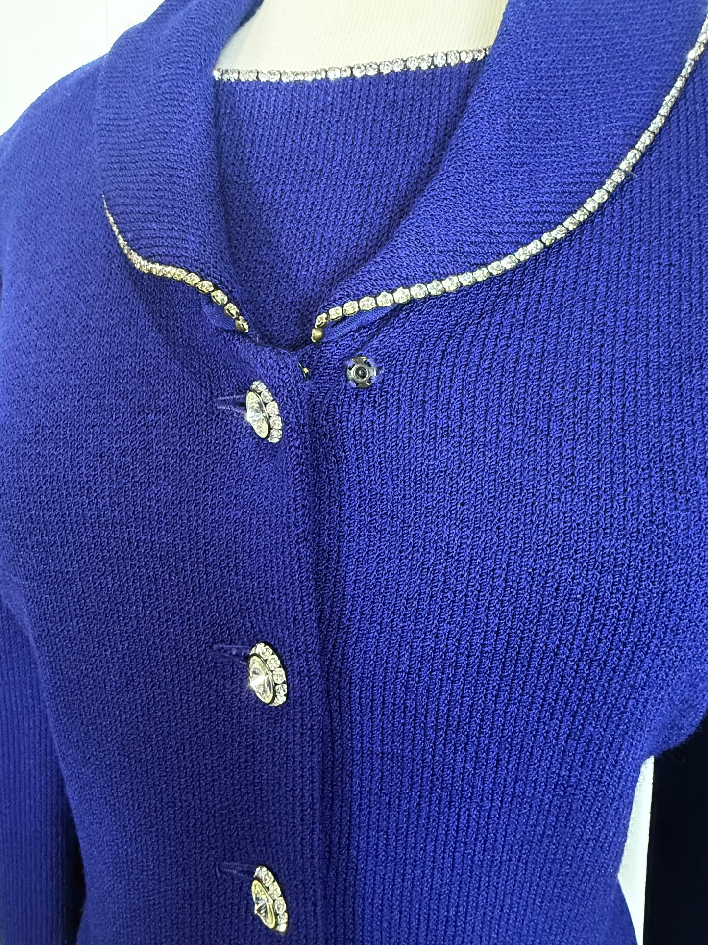 St. John Blue Santana Knit Jacket & Dress Suit – Crystal Paillettes & Chain Detail – Size 6