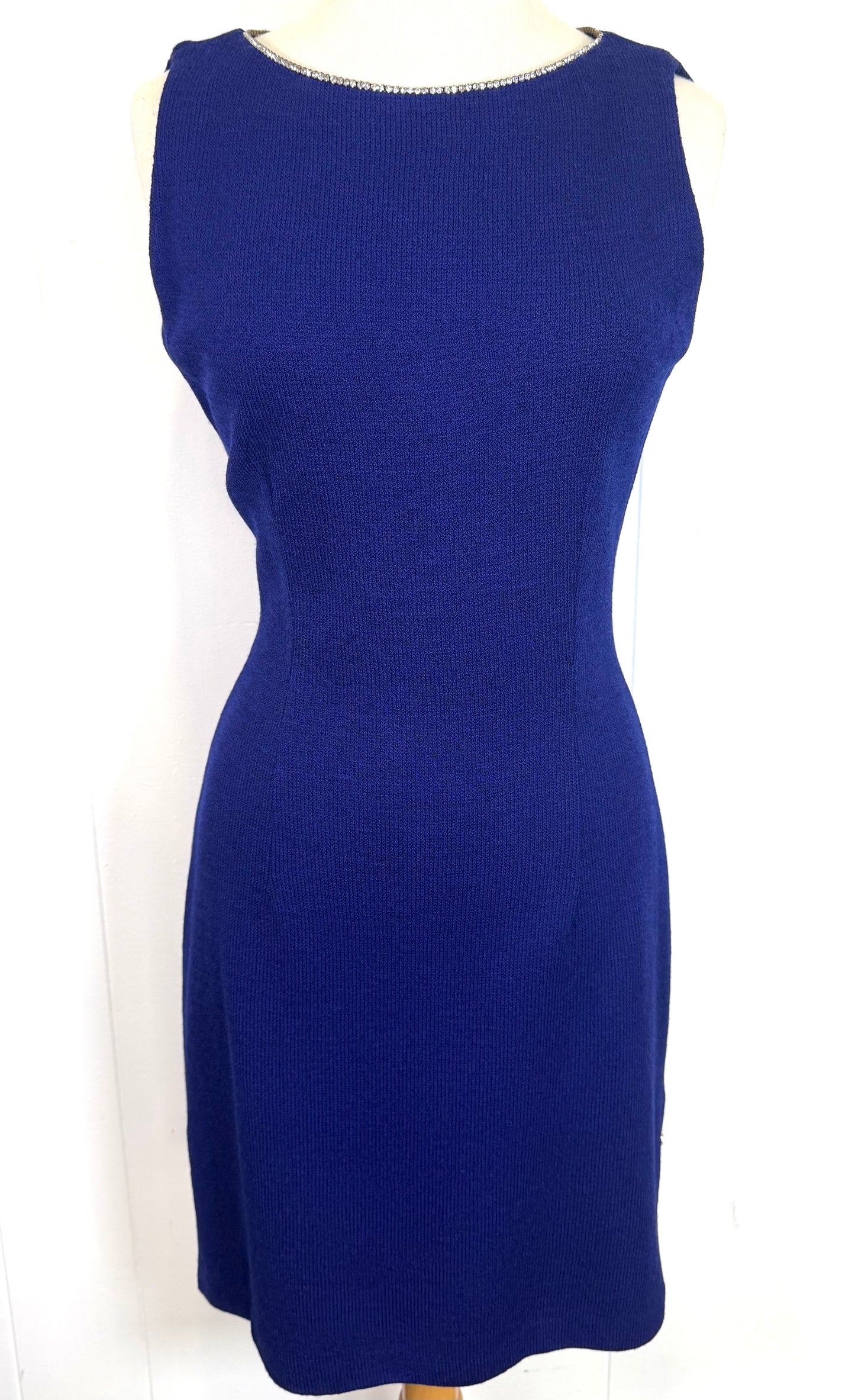St. John Blue Santana Knit Jacket & Dress Suit – Crystal Paillettes & Chain Detail – Size 6