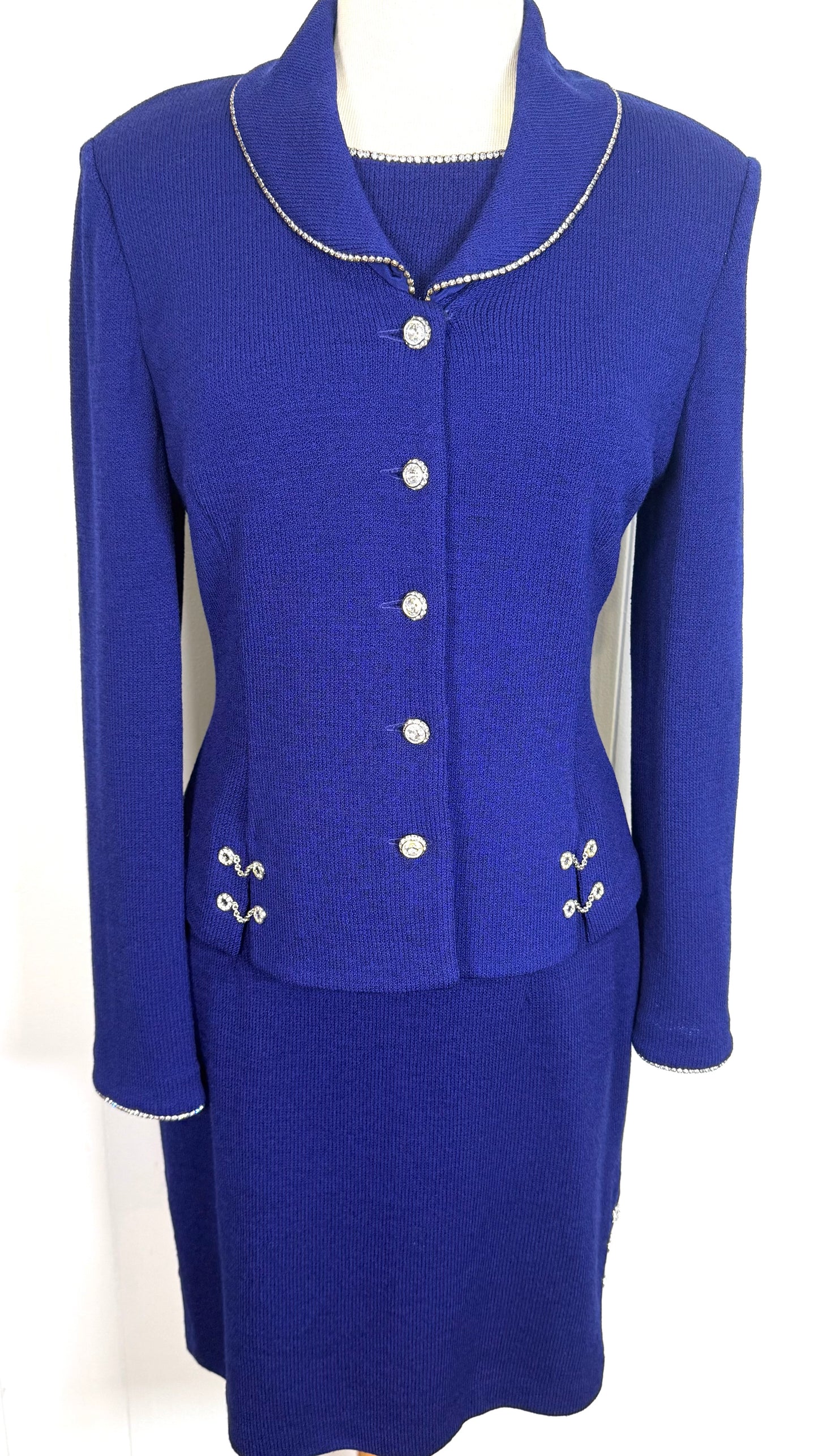 St. John Blue Santana Knit Jacket & Dress Suit – Crystal Paillettes & Chain Detail – Size 6
