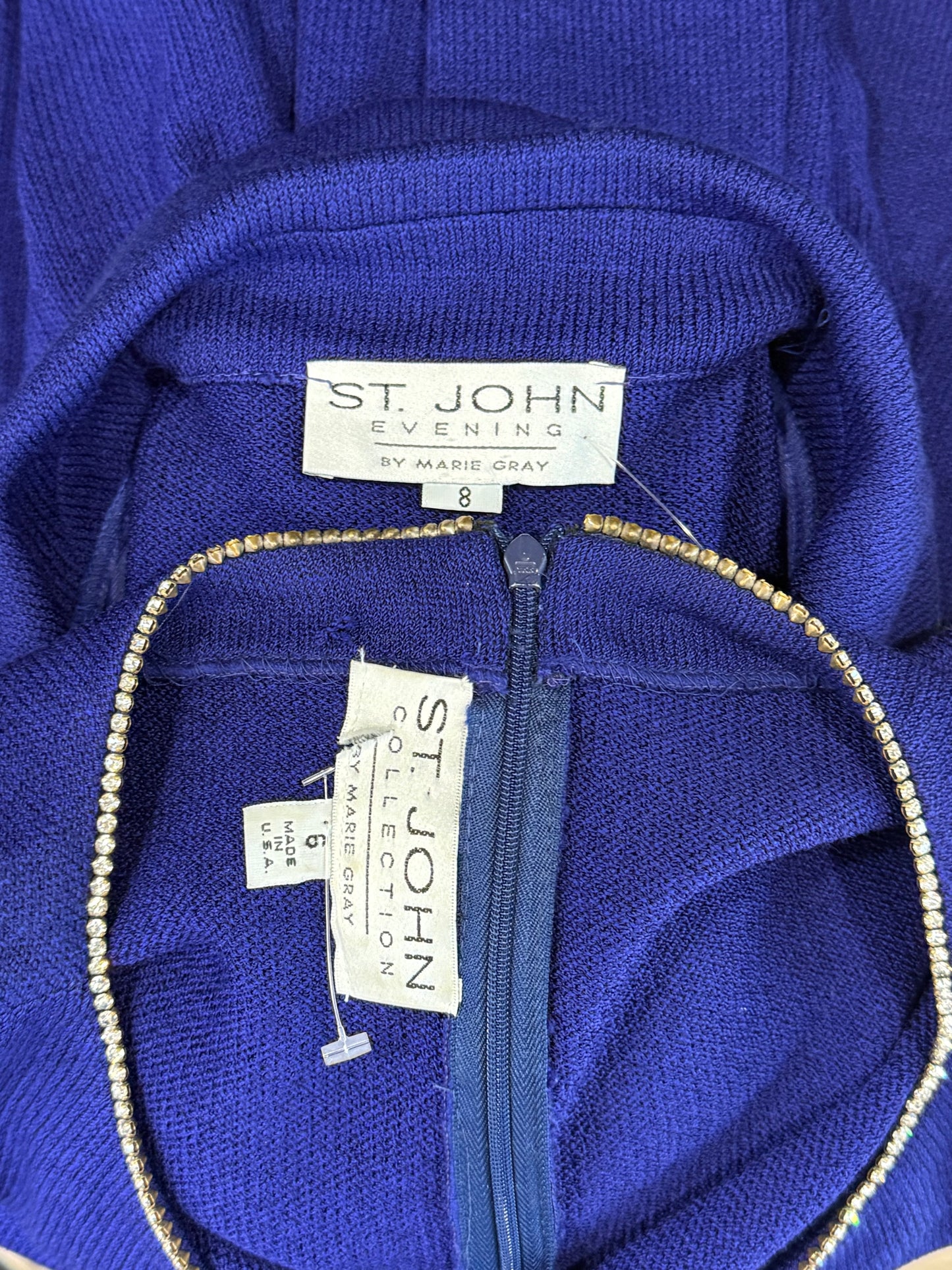 St. John Blue Santana Knit Jacket & Dress Suit – Crystal Paillettes & Chain Detail – Size 6