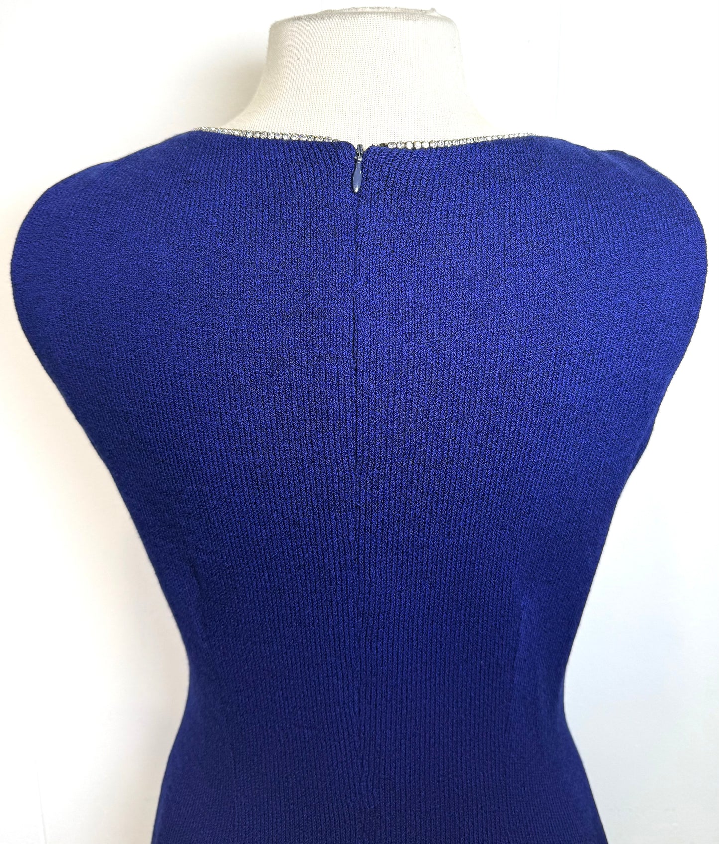 St. John Blue Santana Knit Jacket & Dress Suit – Crystal Paillettes & Chain Detail – Size 6