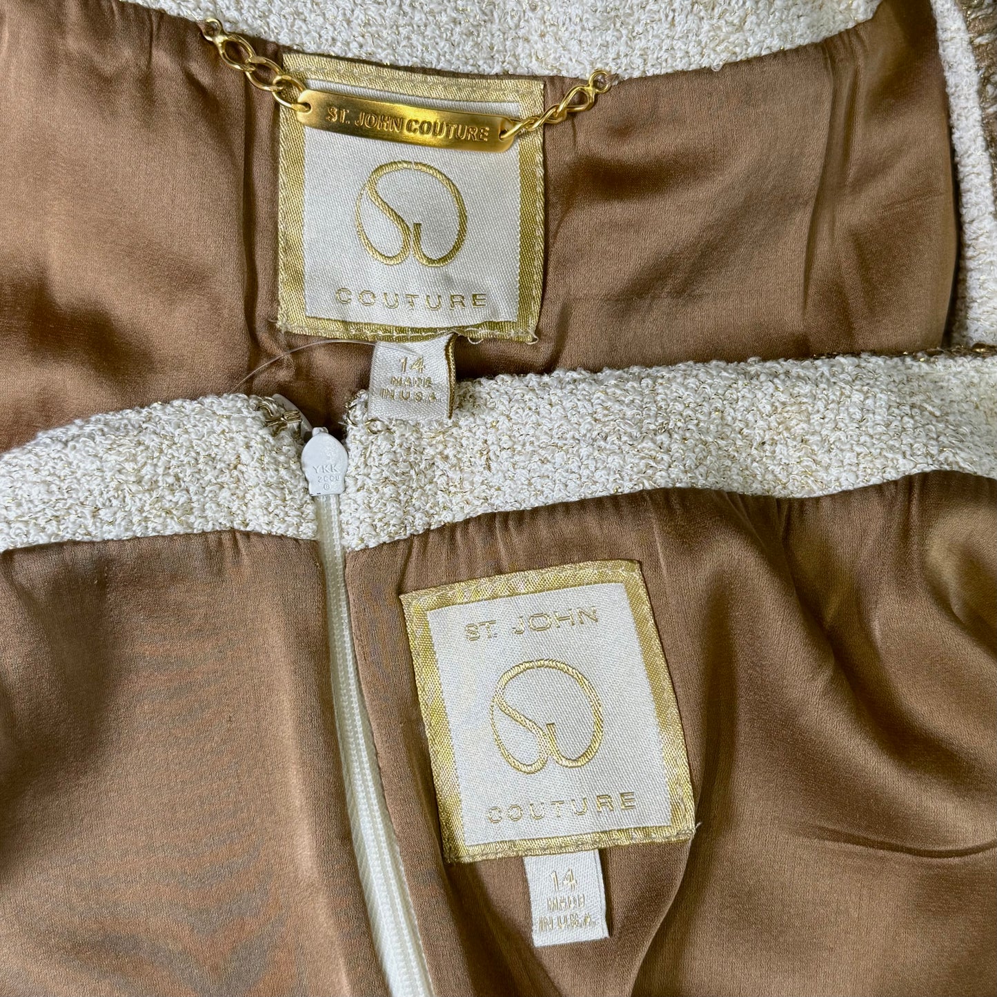 St. John Off-White Textured Knit 2-Piece Suit – Gold Paillettes – Size 14