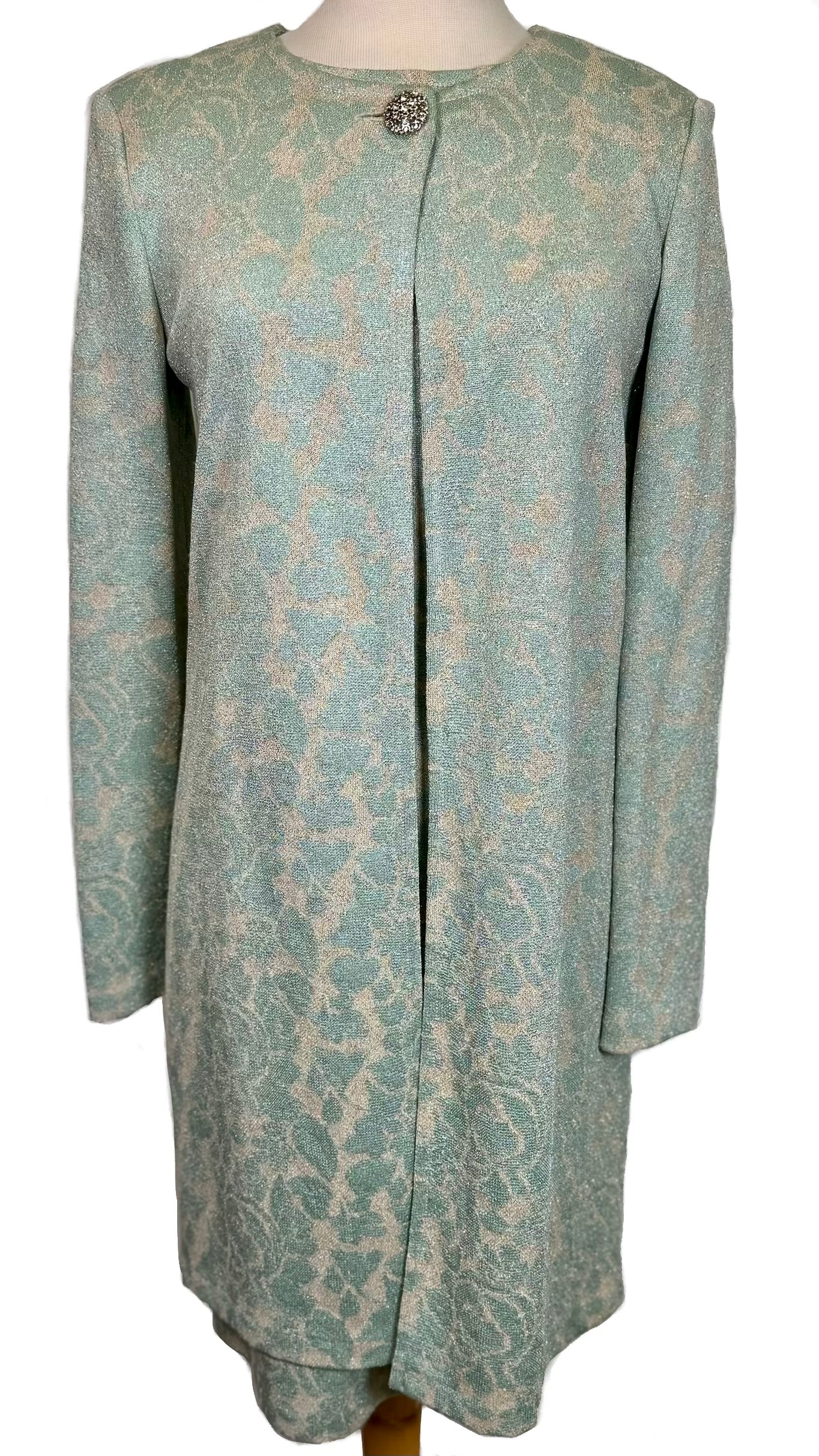 St. John Green Beige Gold Metallic Knit Jacket & Dress Set – Elegant Patterned Ensemble – NWT $2,590 – Size 4