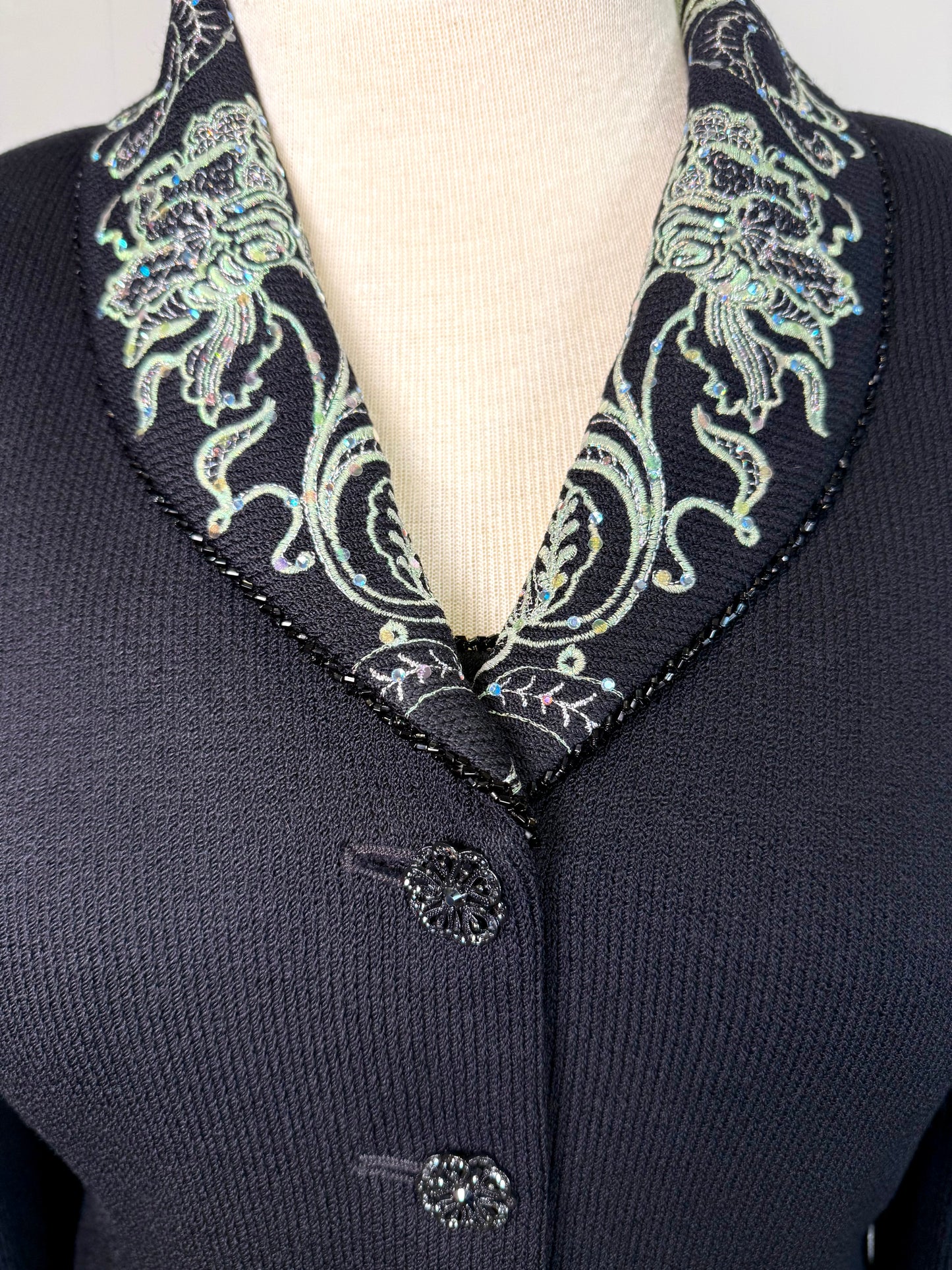 St. John Black Santana Knit Jacket & Top Set – Green Embroidery, Paillettes & Crystal Buttons – Size 12