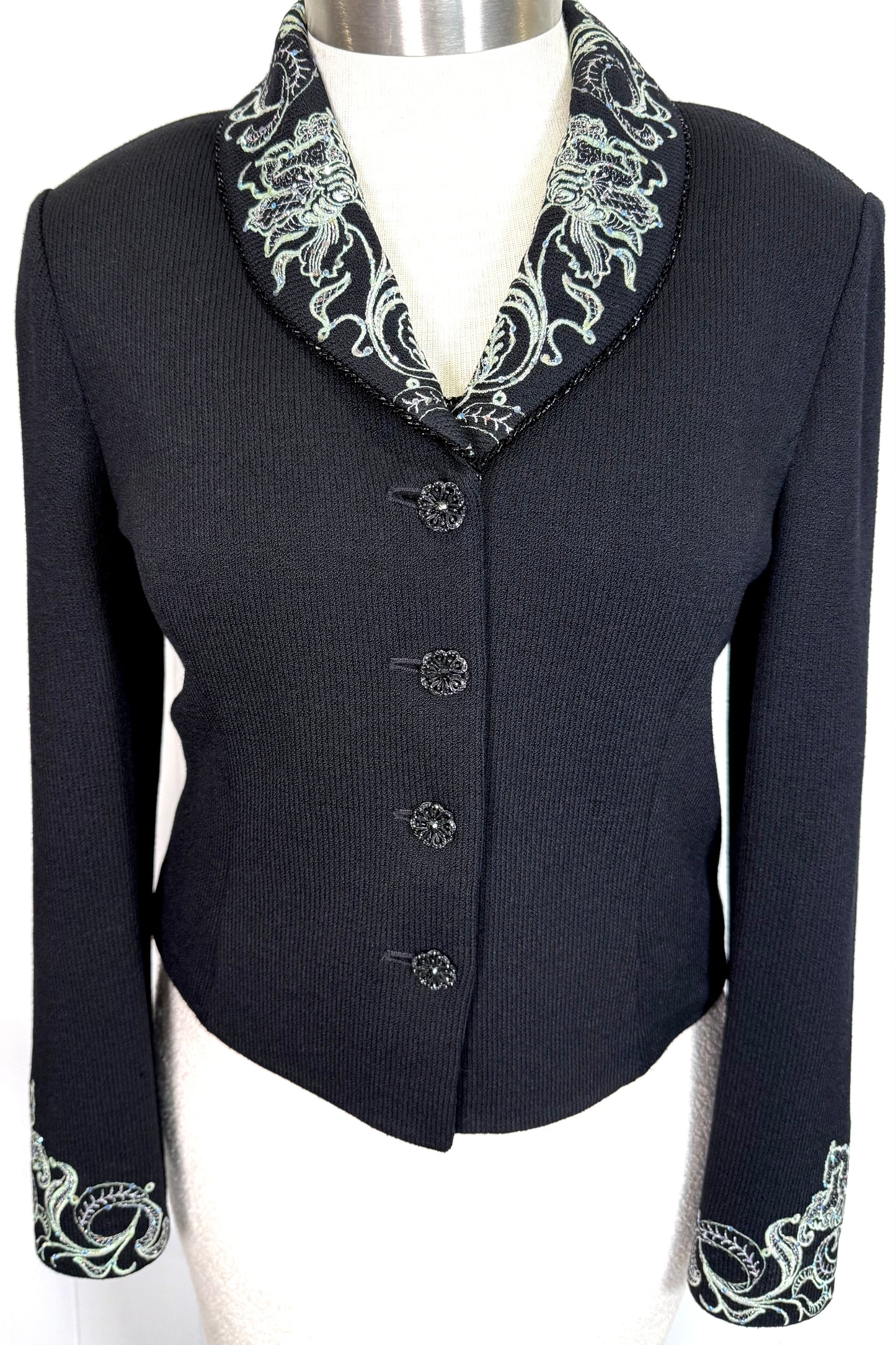 St. John Black Santana Knit Jacket & Top Set – Green Embroidery, Paillettes & Crystal Buttons – Size 12