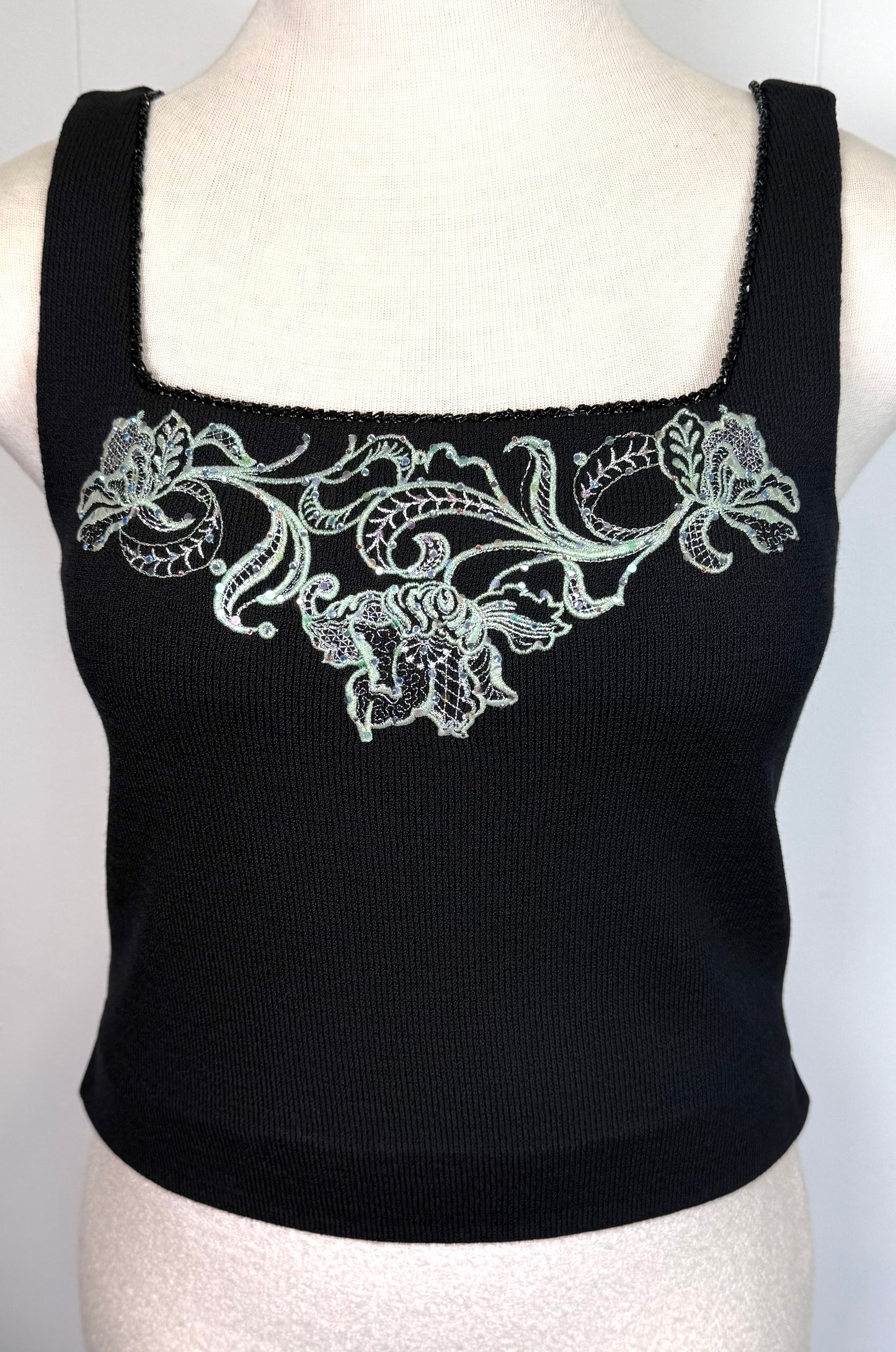 St. John Black Santana Knit Jacket & Top Set – Green Embroidery, Paillettes & Crystal Buttons – Size 12
