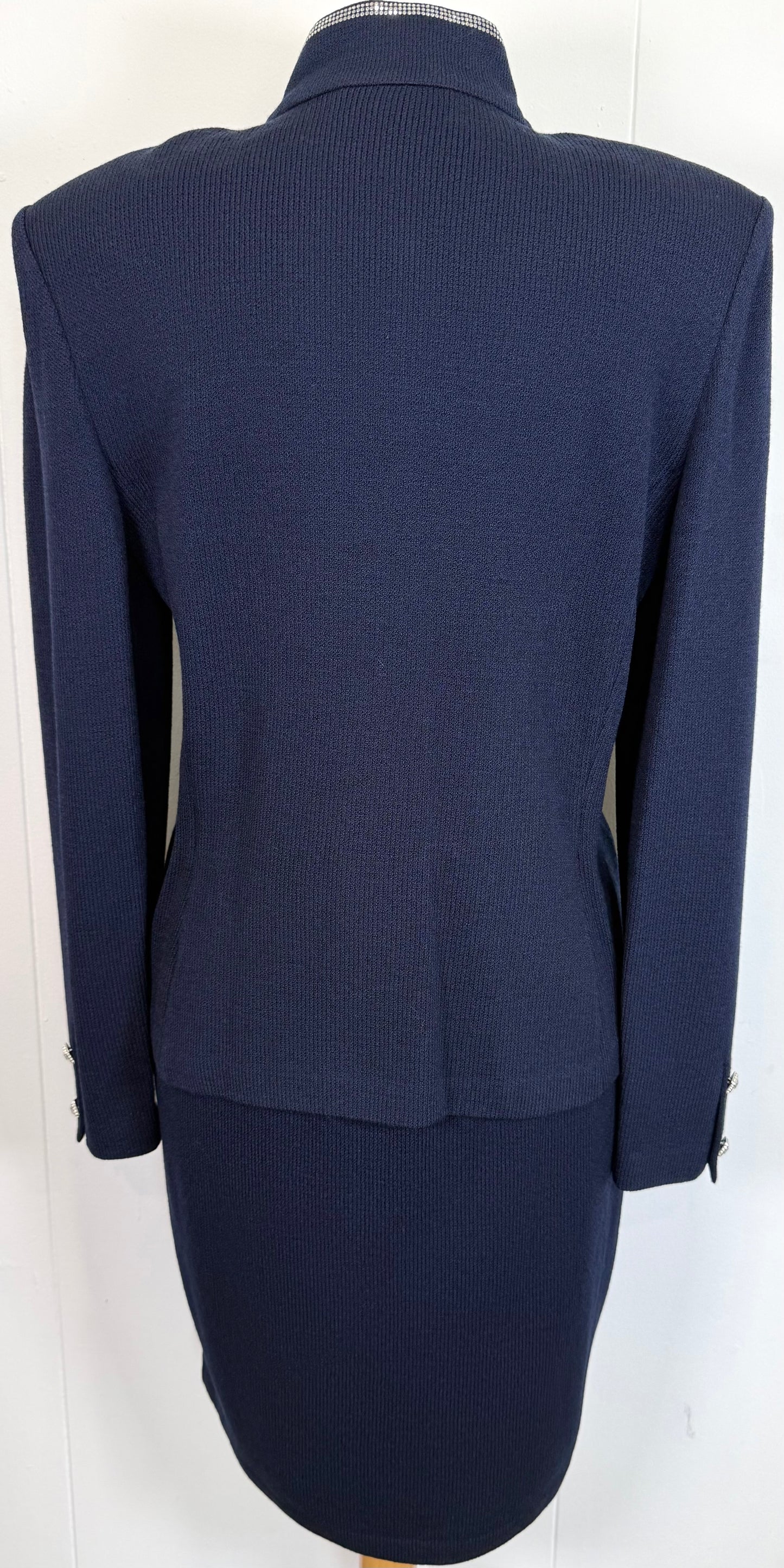 St. John Navy Santana Knit Jacket & Skirt Suit – Crystal Buttons & Paillettes – Size 10