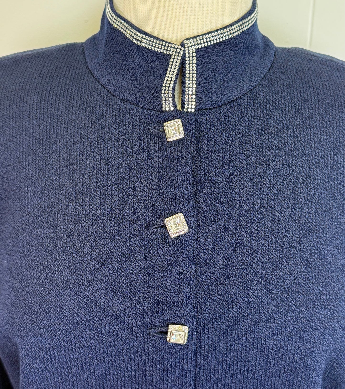 St. John Navy Santana Knit Jacket & Skirt Suit – Crystal Buttons & Paillettes – Size 10