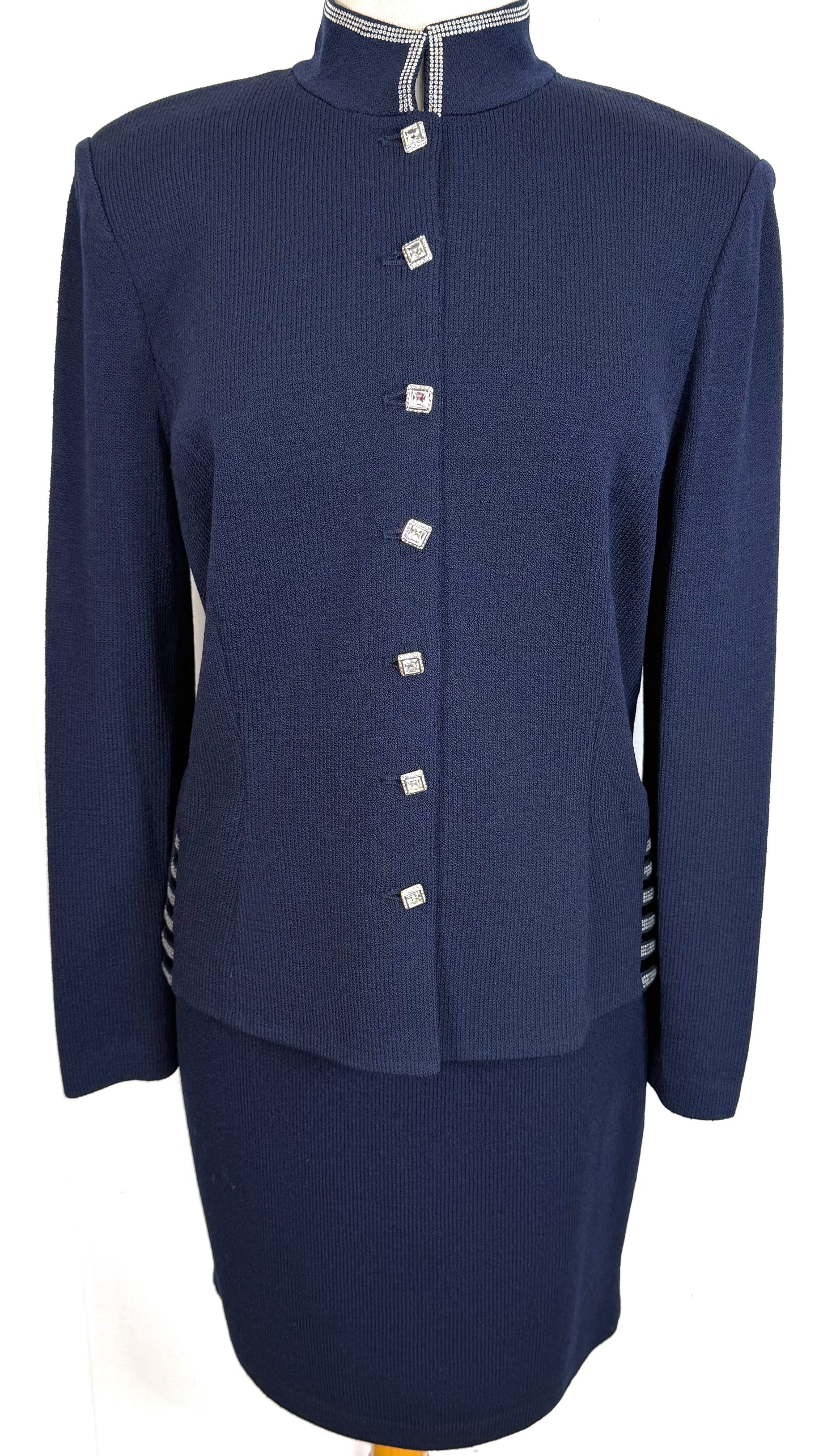 St. John Navy Santana Knit Jacket & Skirt Suit – Crystal Buttons & Paillettes – Size 10