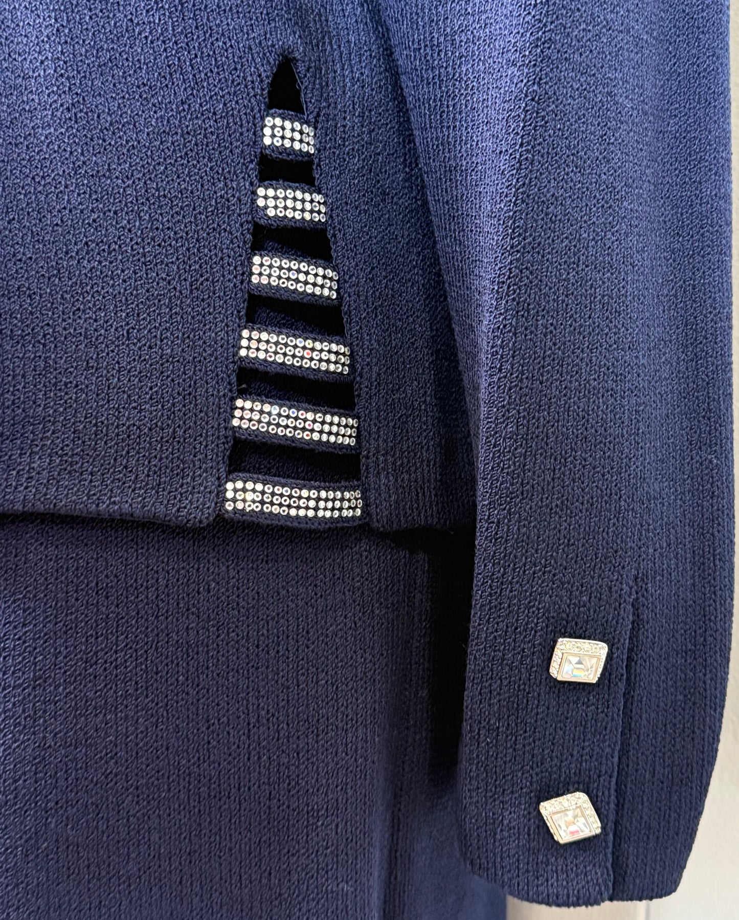 St. John Navy Santana Knit Jacket & Skirt Suit – Crystal Buttons & Paillettes – Size 10